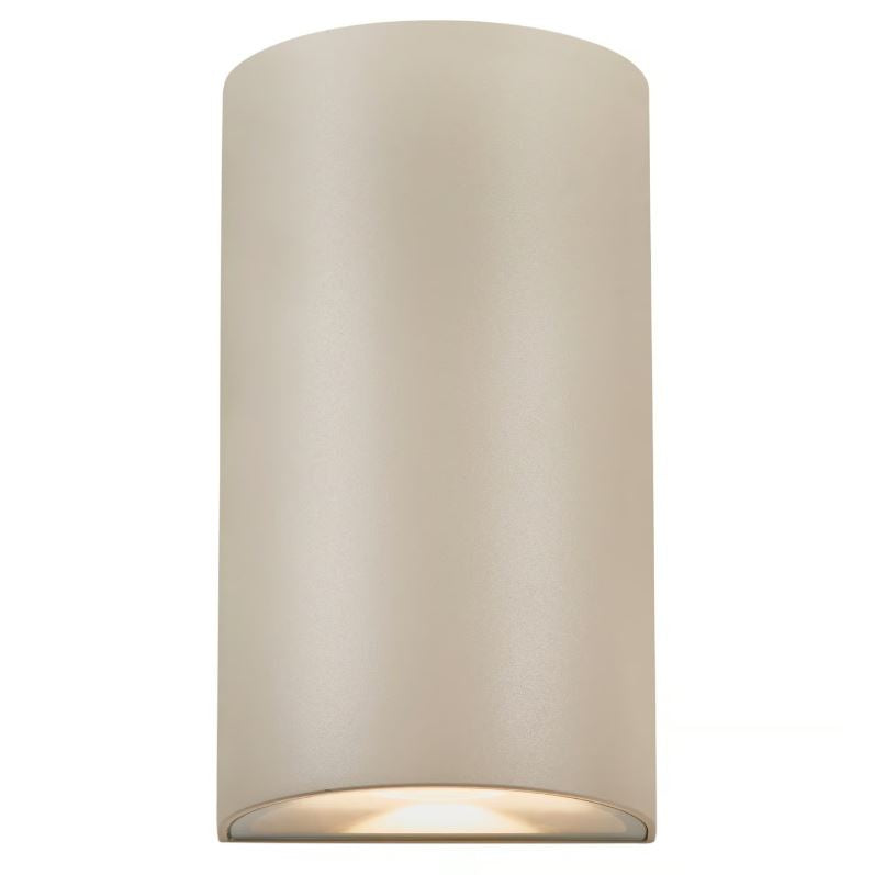 Beige cylindrical outdoor wall light fixture on a white background