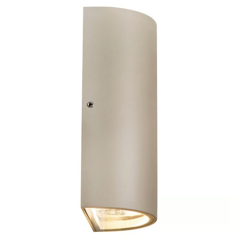 Beige cylindrical outdoor wall light fixture on a white background