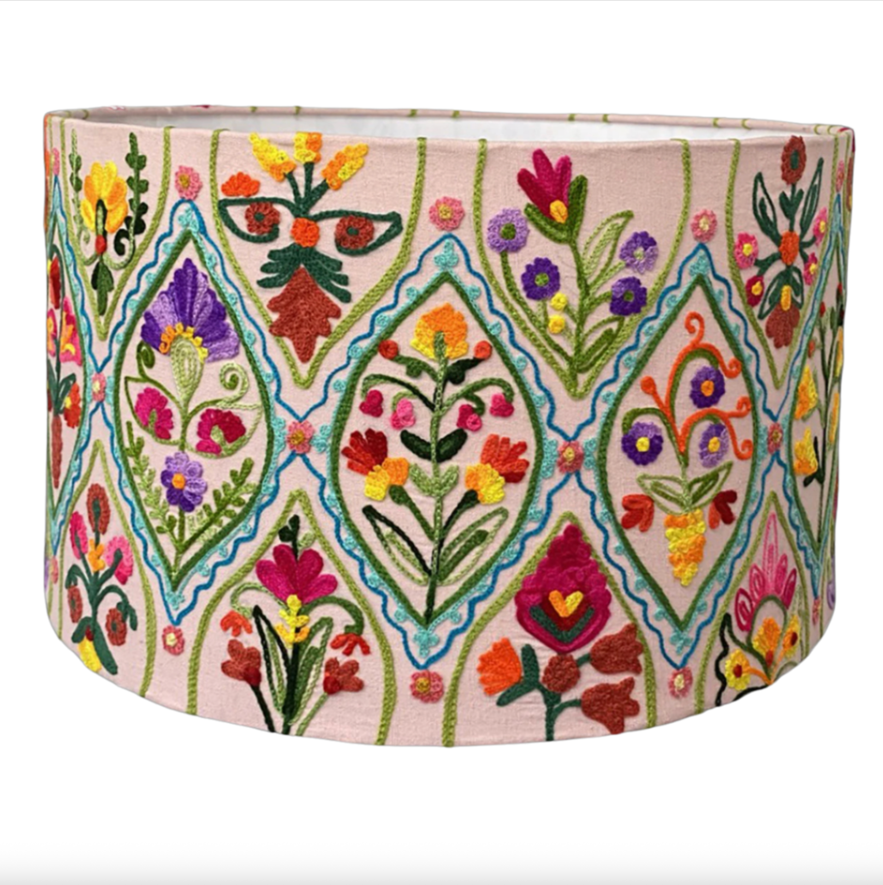 Decorative lampshade with colorful floral embroidery on a white background