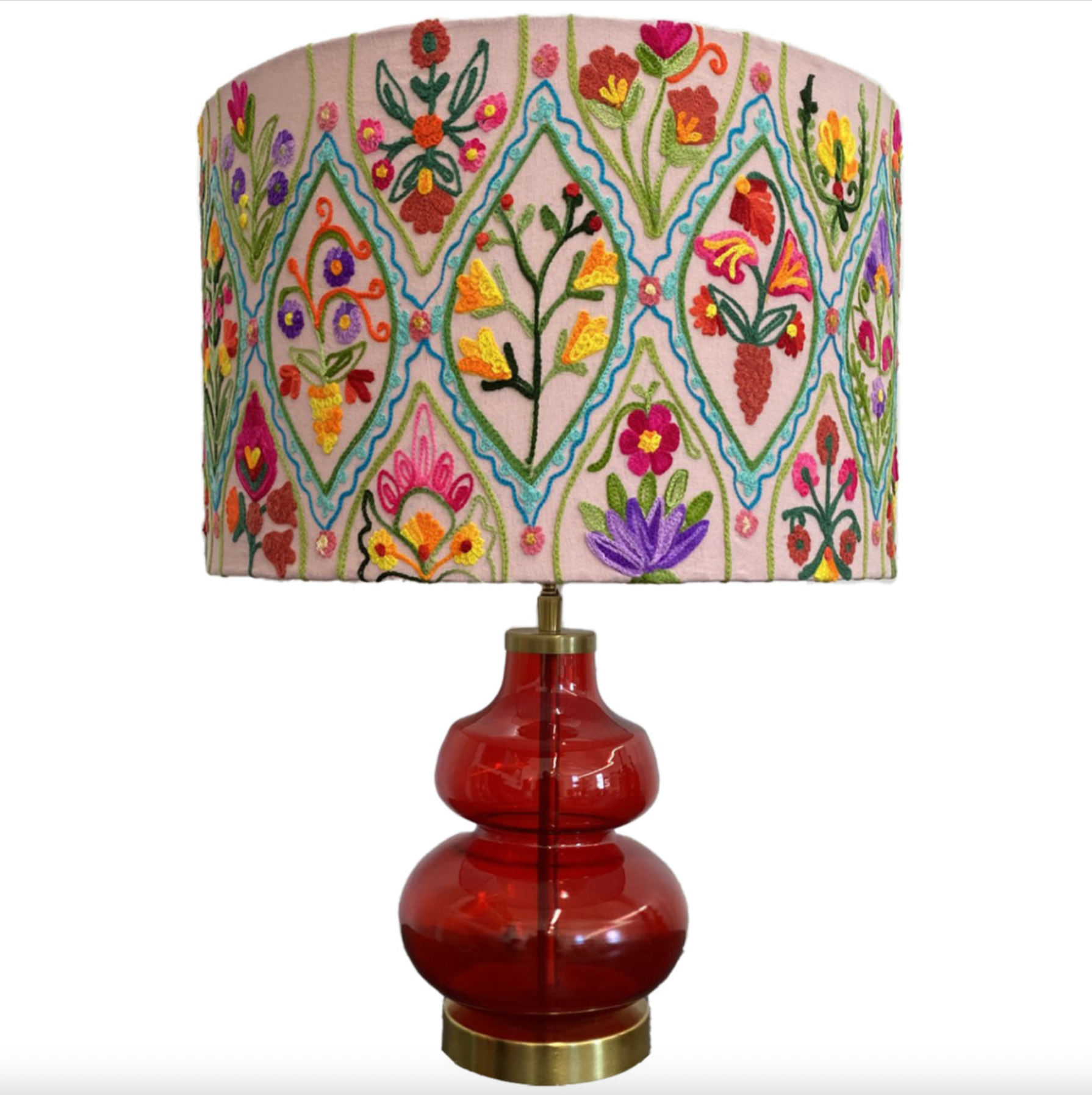 Decorative lamp with a colorful embroidered shade on a white background