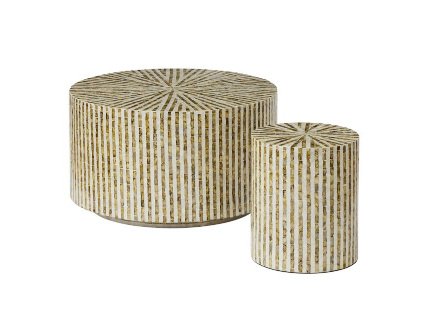 Two cylindrical patterned coffee tables on a white background