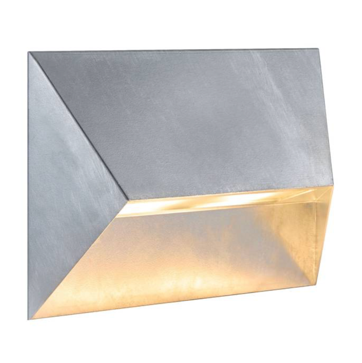 Modern galvanized outdoor wall light fixture with geometric design on a white background