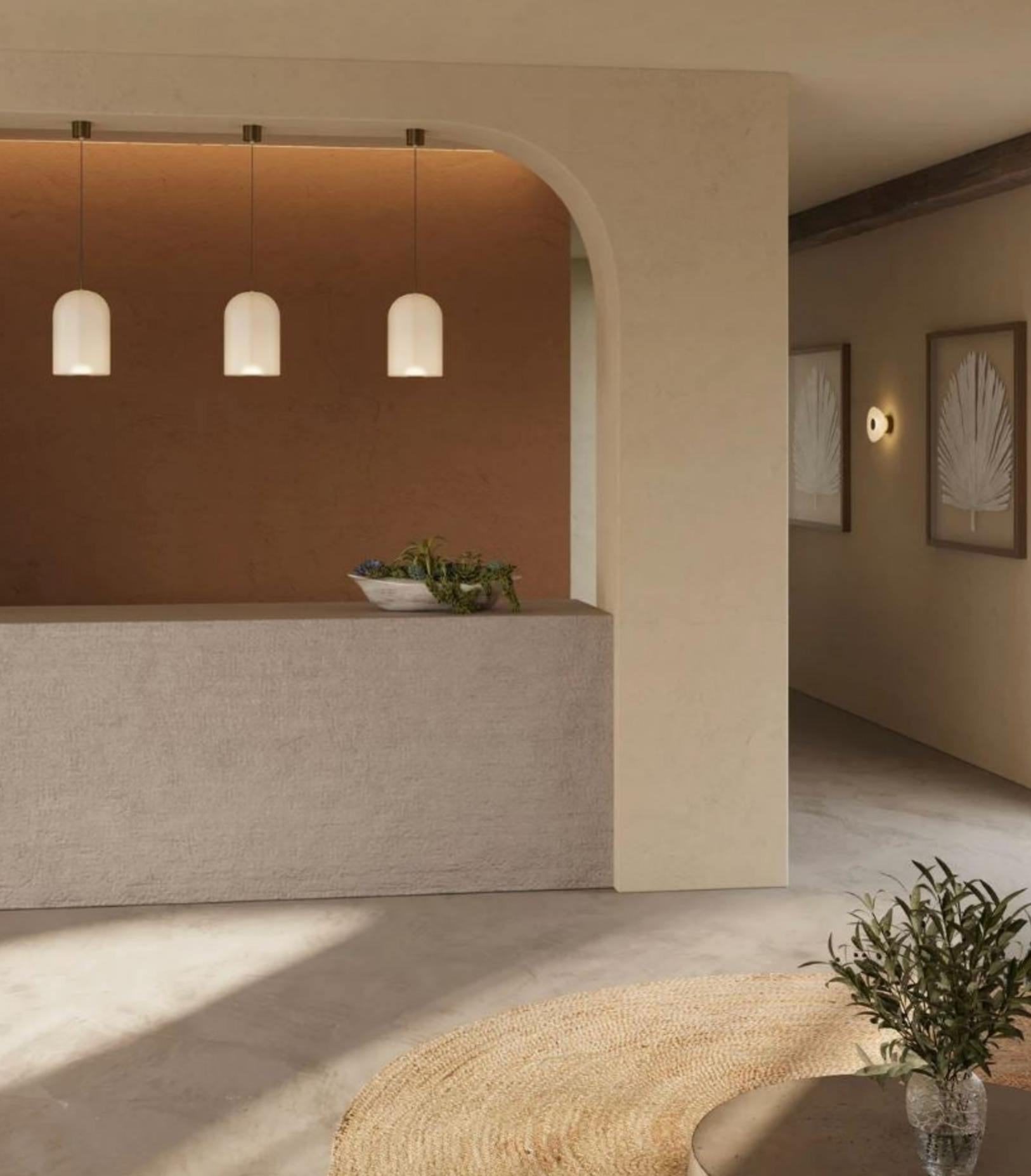 Modern interior design with a neutral color palette, featuring a wall with arched windows. 3 frosted glass pendant lights displayed over bench.