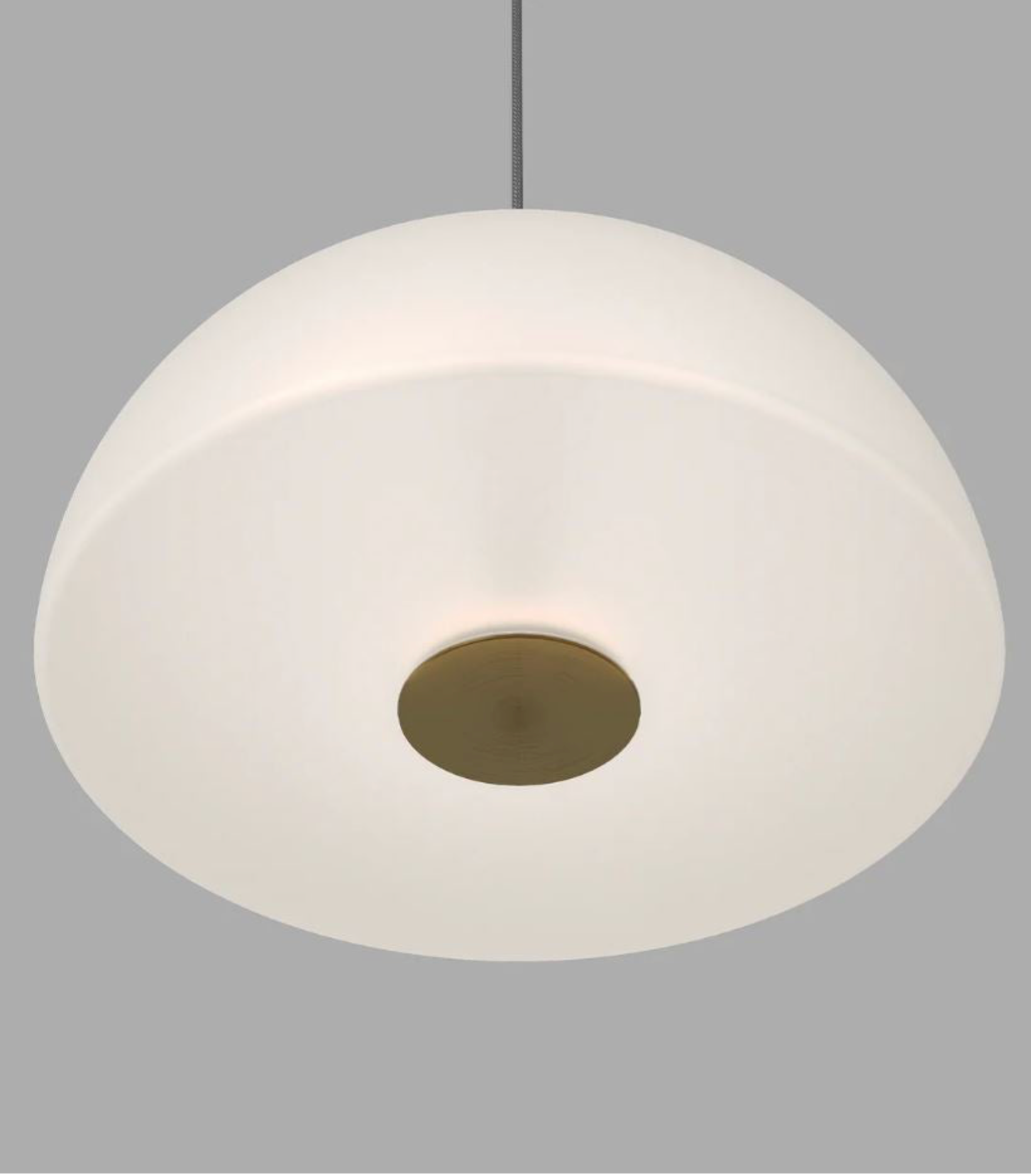 White dome pendant light with a gold centre on a grey background
