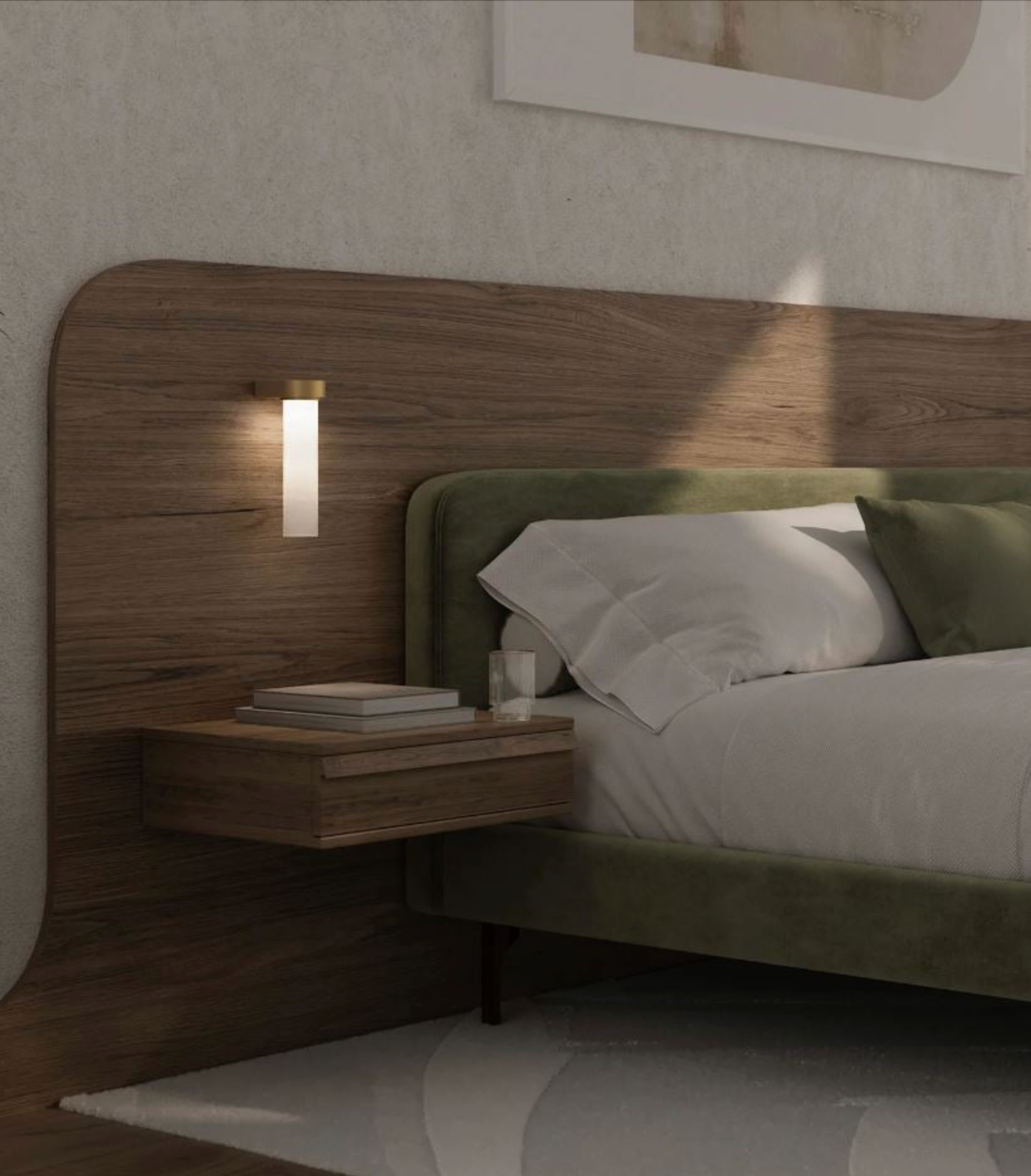 Modern bedroom with wooden headboard, nightstand, brass wall light and bed with green bedding.