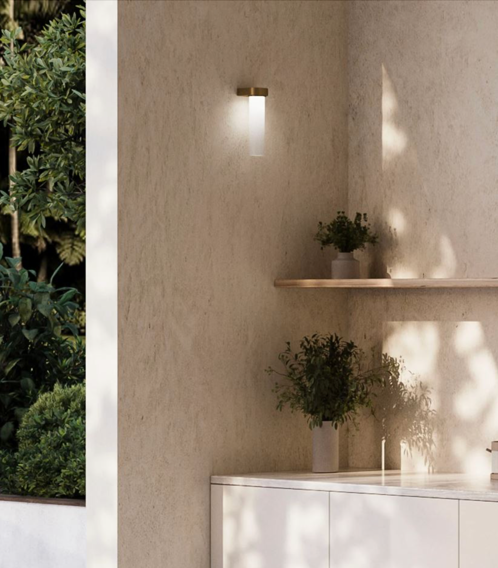 Modern interior with a wall-mounted light fixture, shelves, and potted plants.