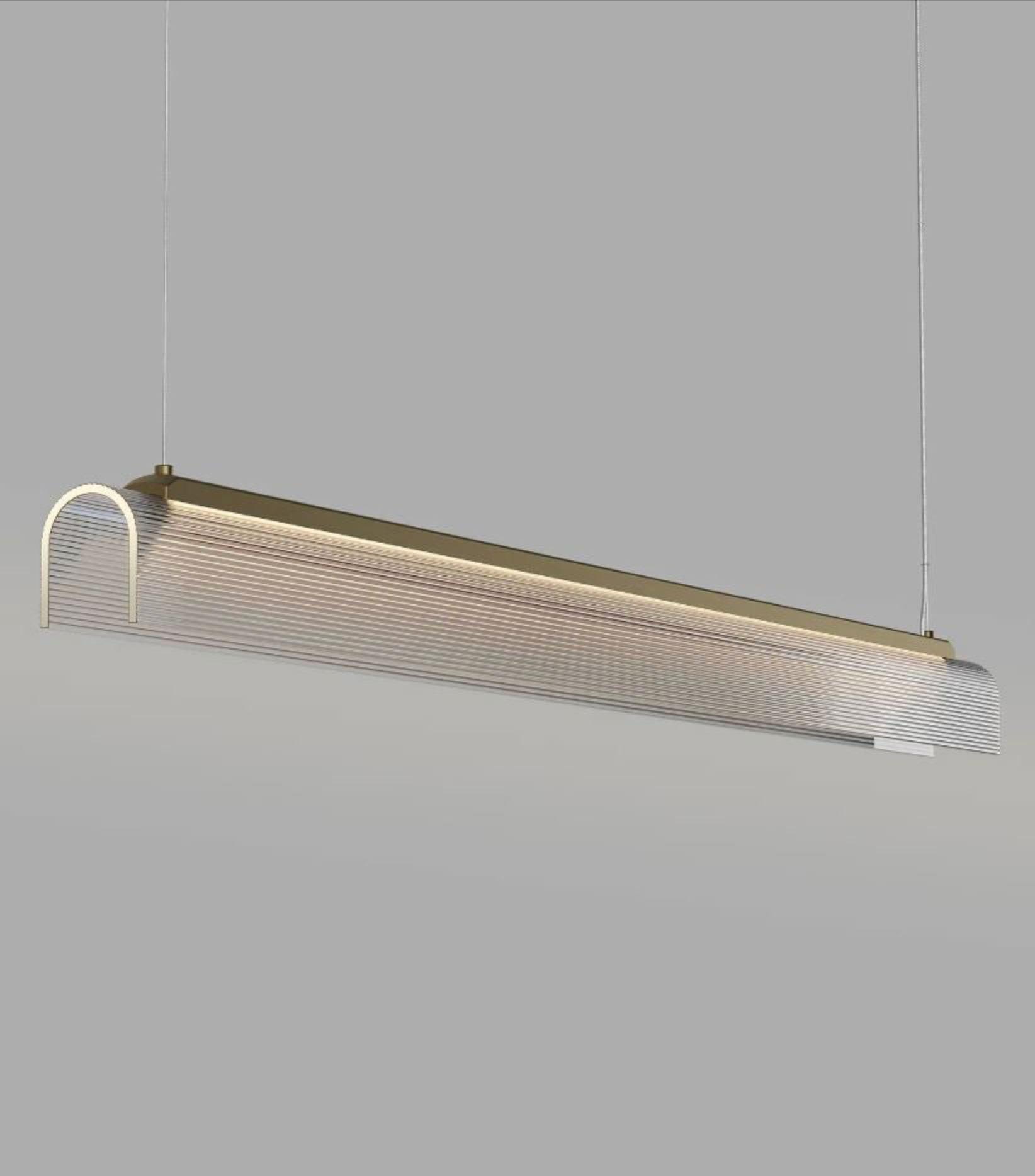 Modern linear pendant light fixture on a grey background