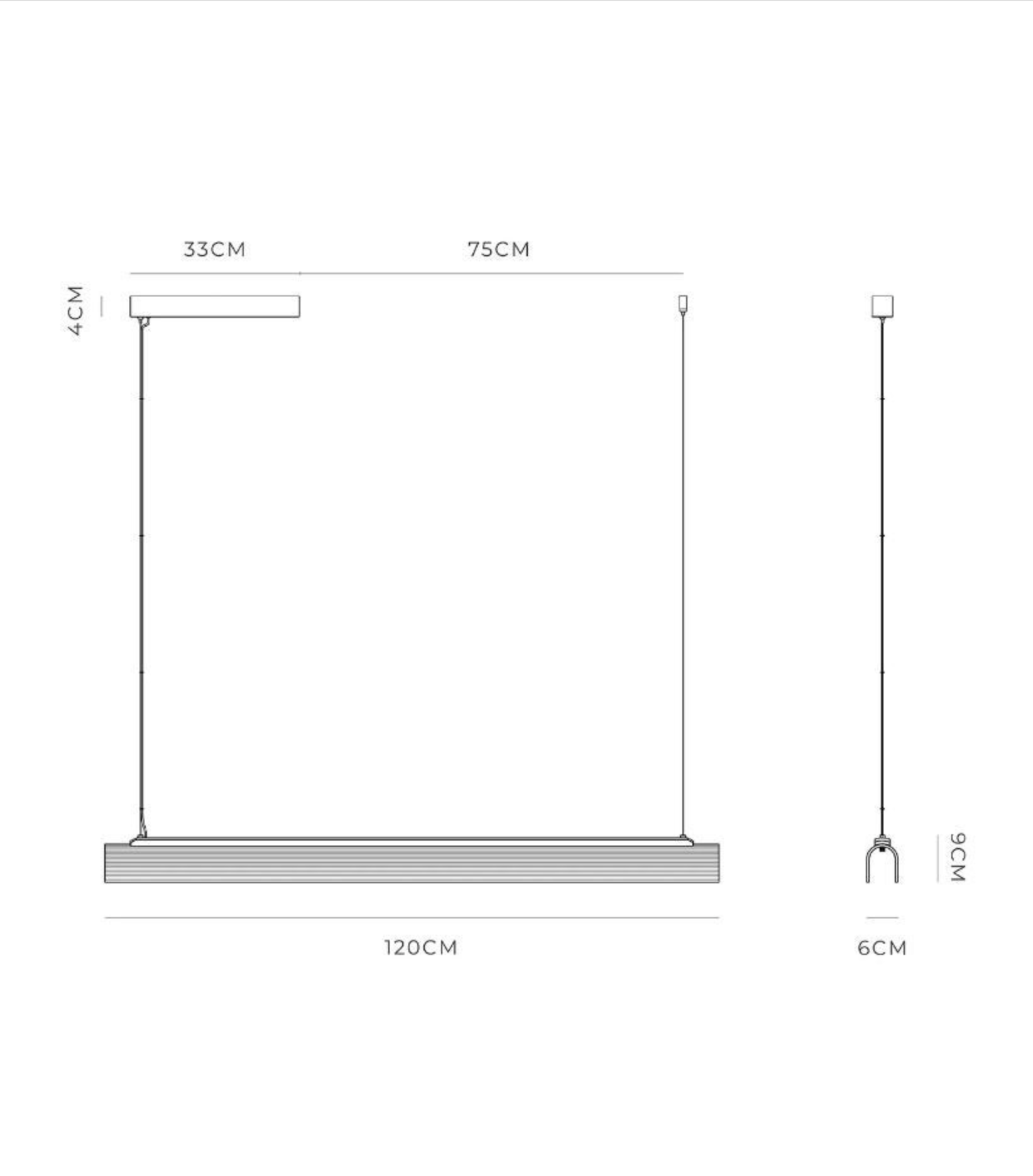 Measurement chart for a pendant light with dimensions labeled.