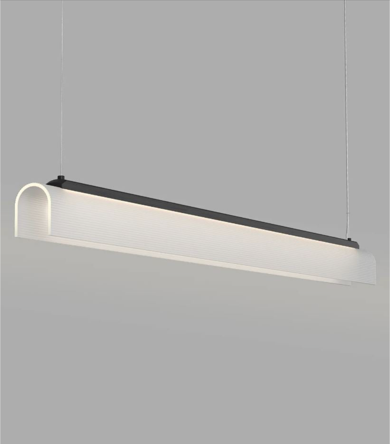 Modern linear pendant light fixture on a grey background