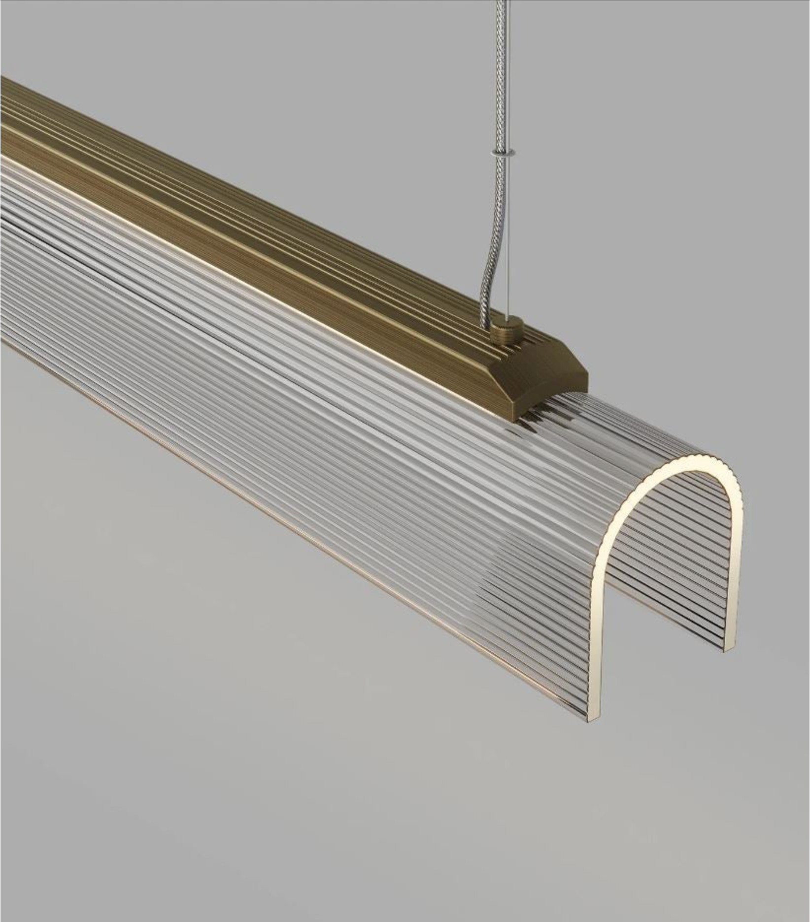Modern linear pendant light fixture with a curved design on a grey background