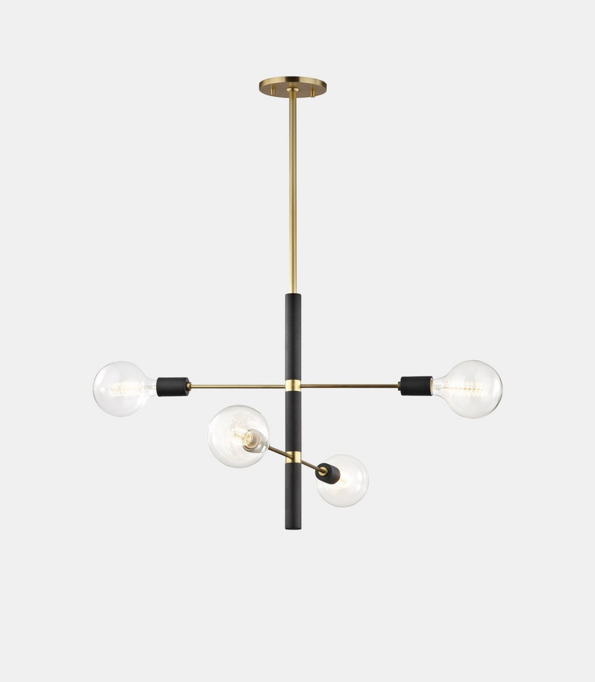 Modern pendant light with brass and black design on a white background