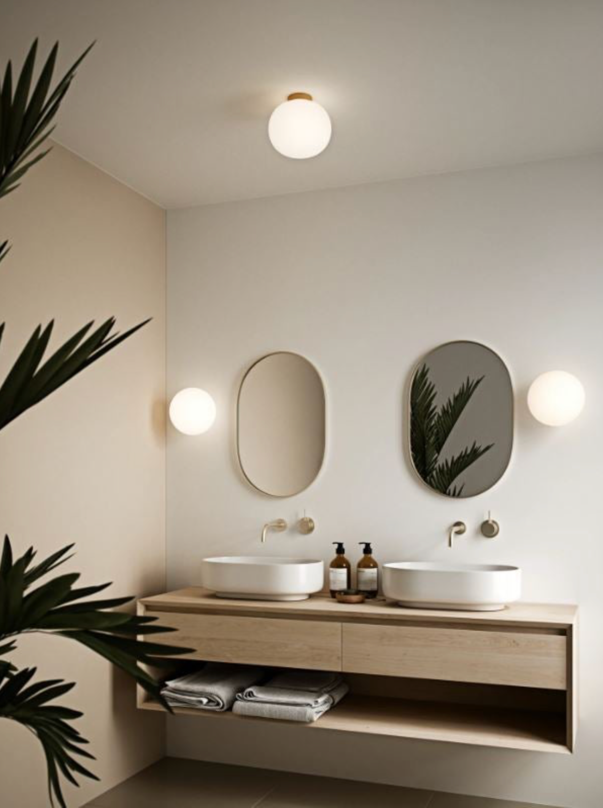 Modern bathroom with two sinks, mirrors, and decorative lighting elements.