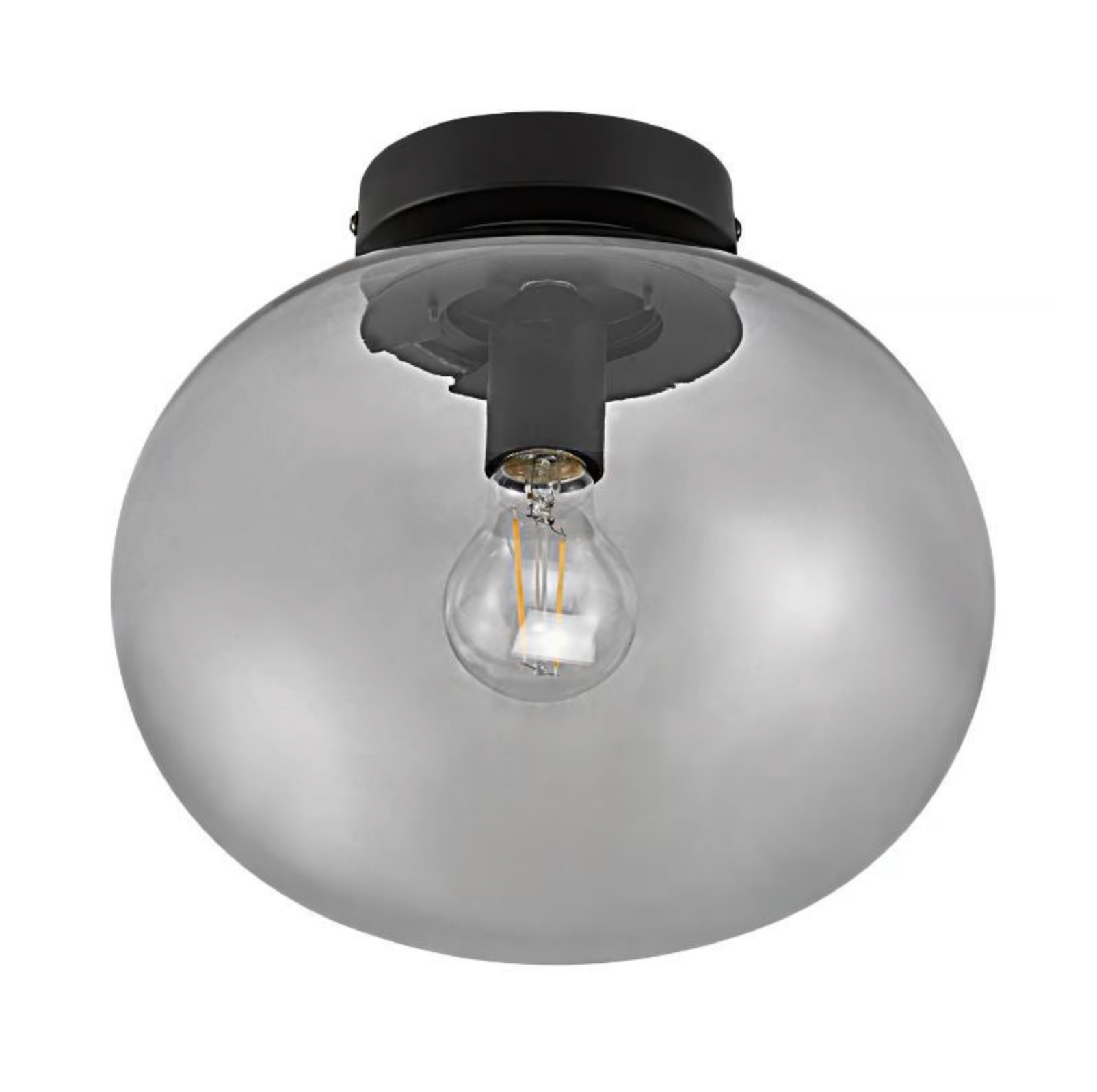 Ceiling light fixture with a clear glass shade and black fixture on a white background