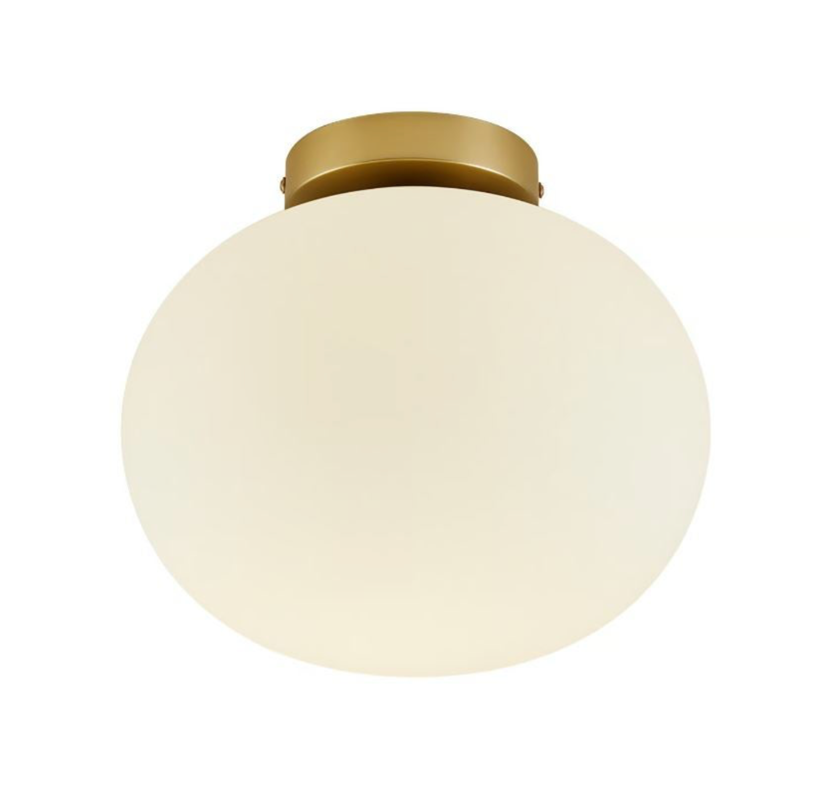 Ceiling light fixture with white glass shade and gold metal fixture on a white background