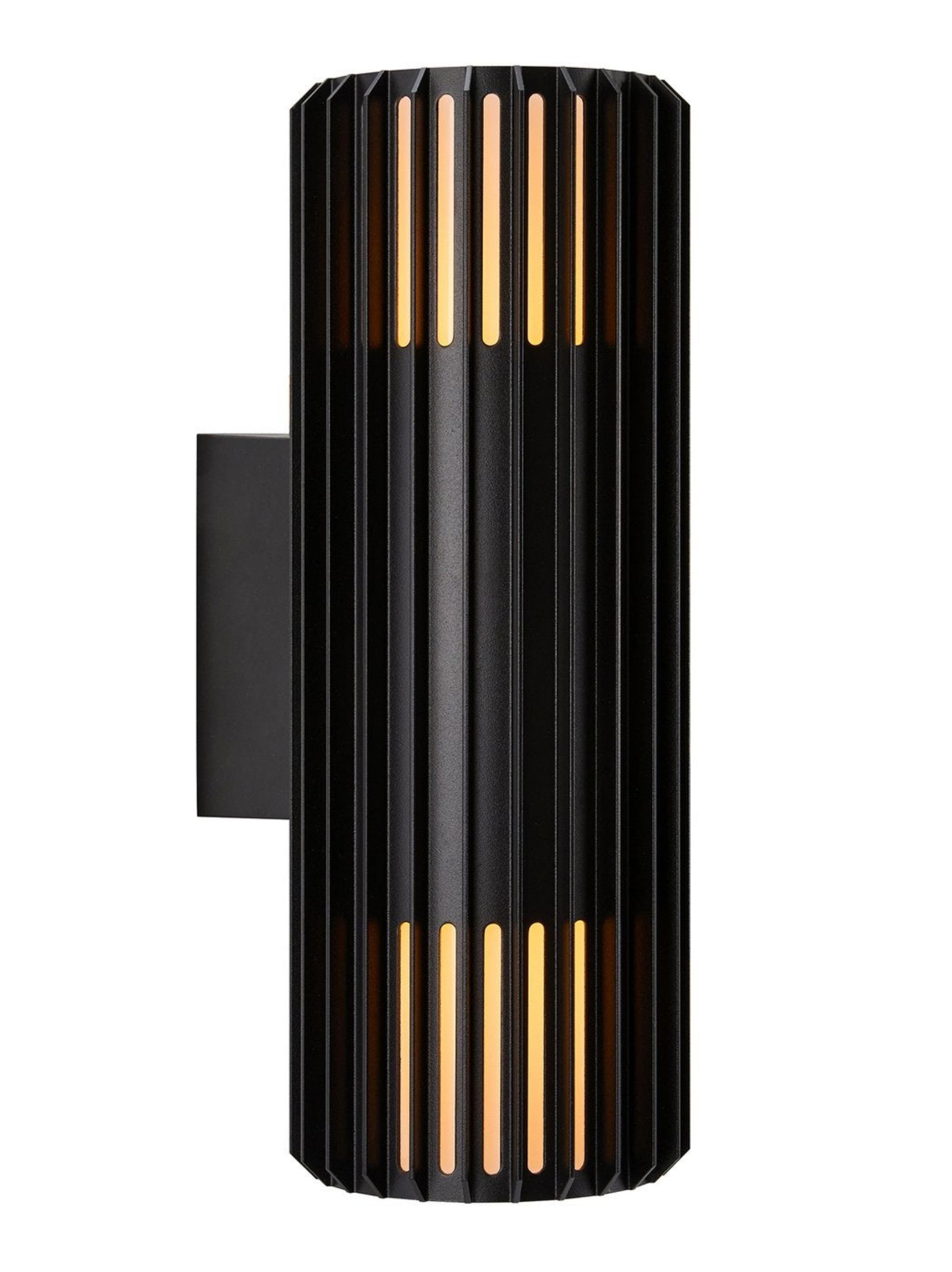 Black wall-mounted outdoor light fixture with vertical slits on a white background