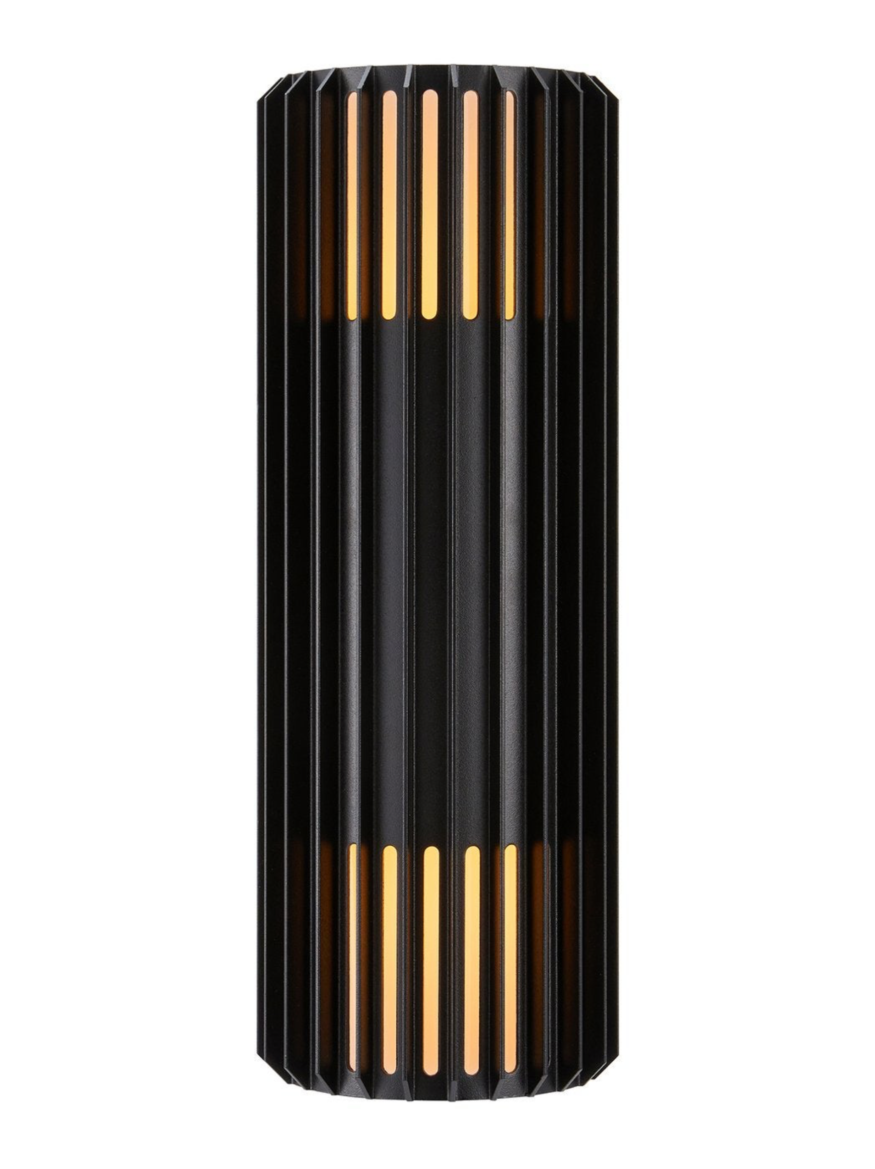 Black cylindrical outdoor wall light with gold accents on a white background