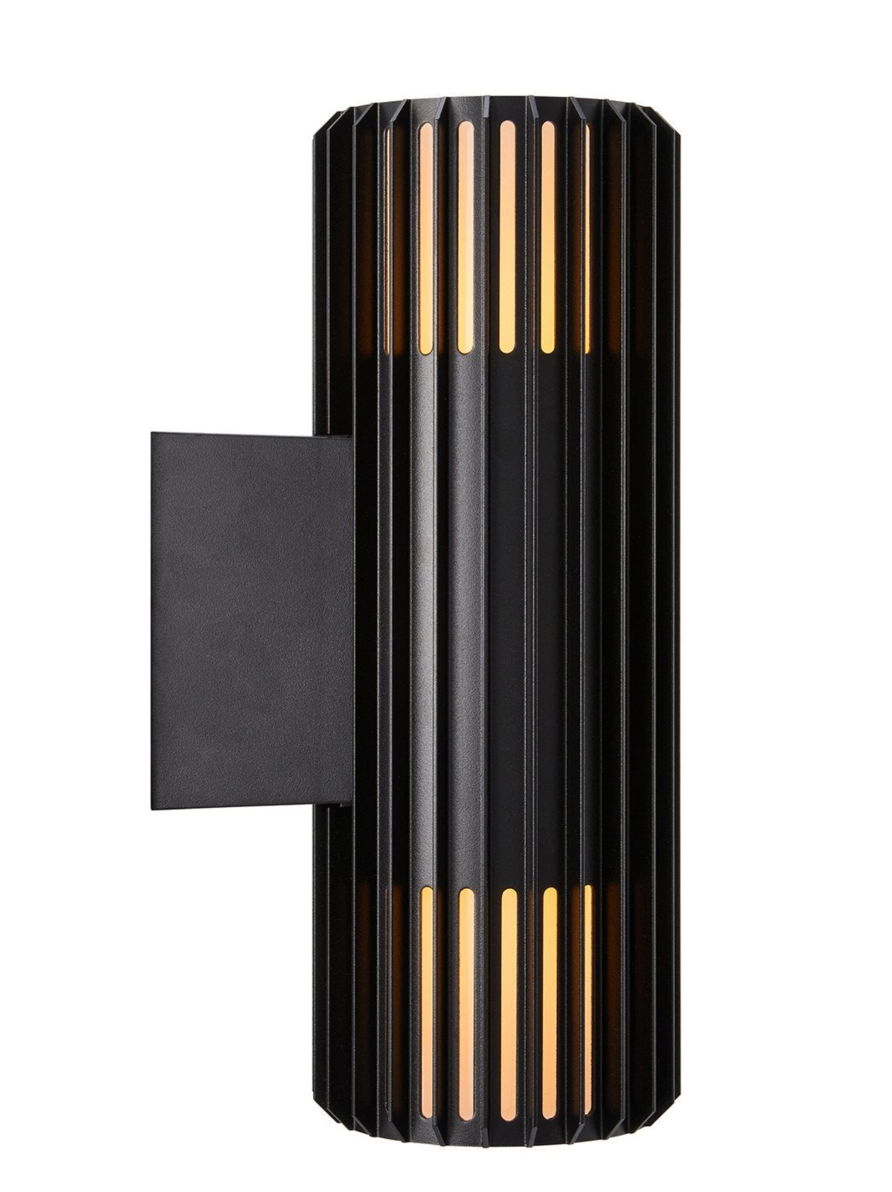 Black wall-mounted light fixture with gold accents on a white background