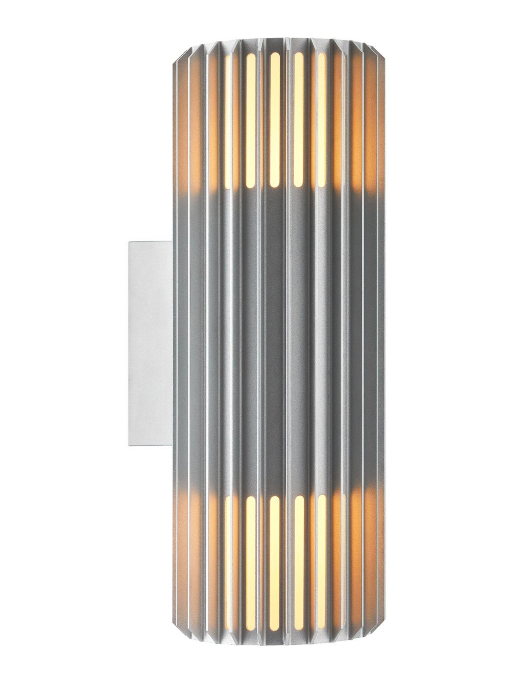 Cylindrical outdoor wall light fixture with ribbed design on a white background