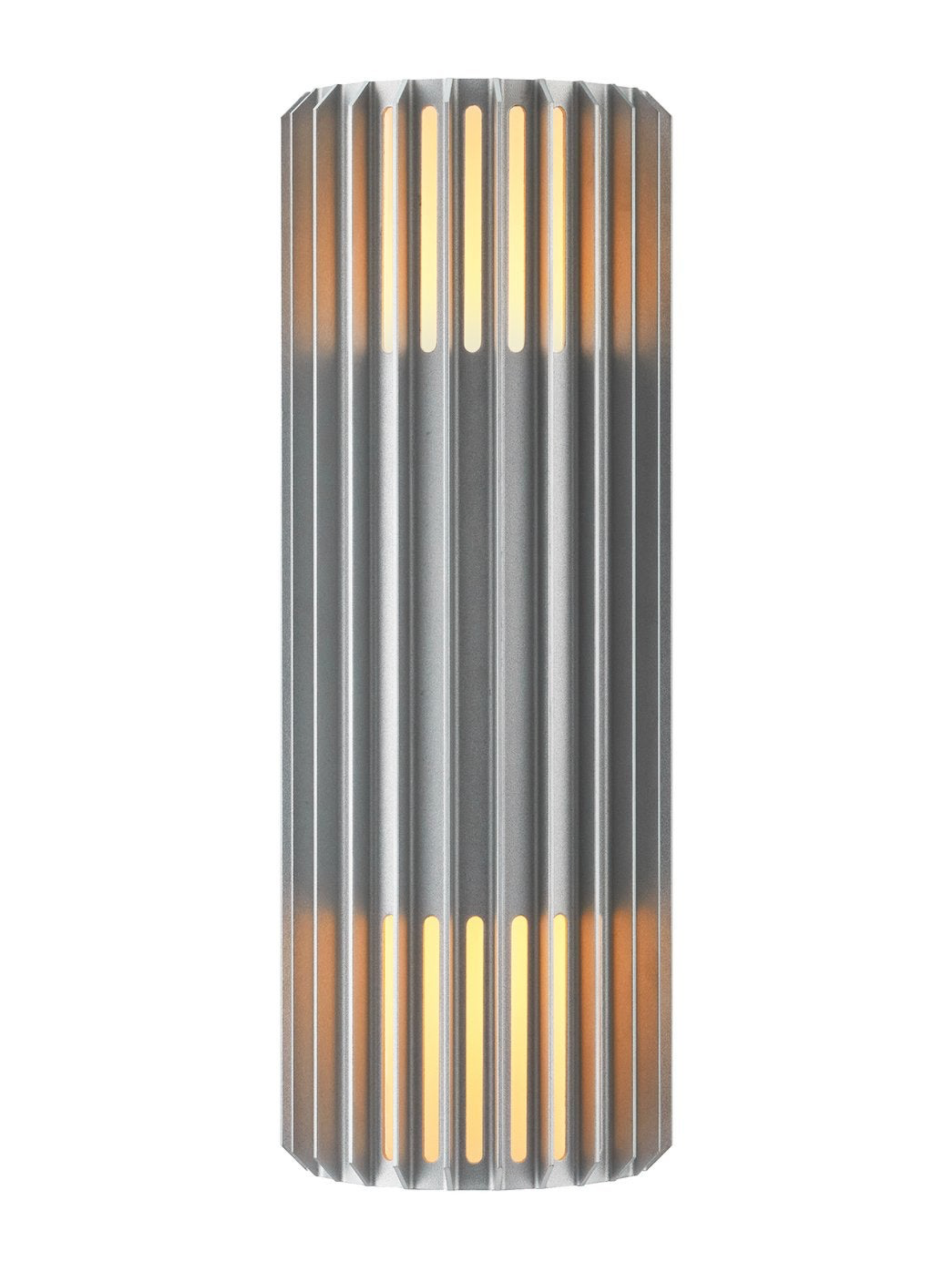 Cylindrical outdoor wall light fixture with ribbed design on a white background