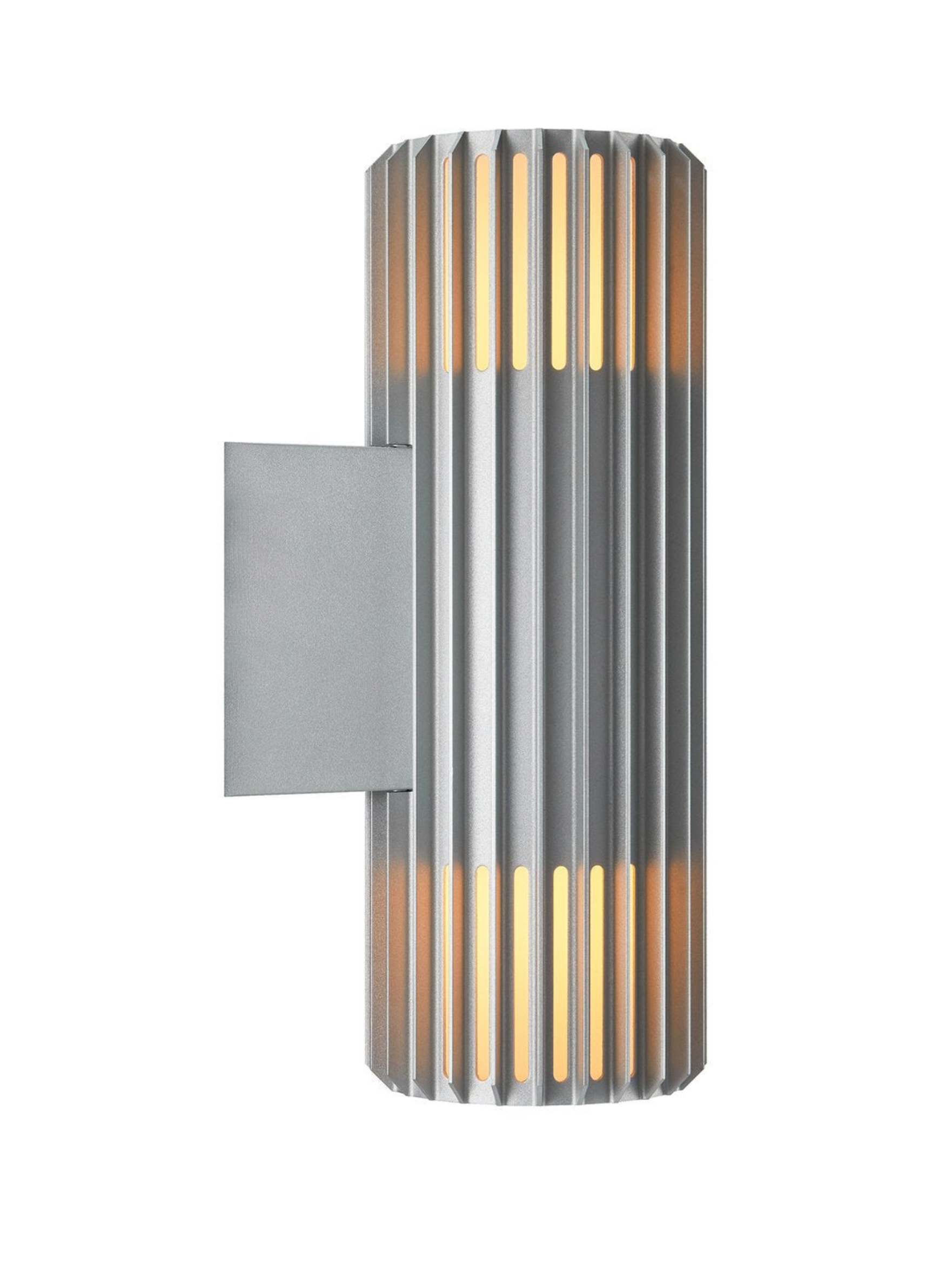 Cylindrical outdoor wall light fixture with ribbed design on a white background