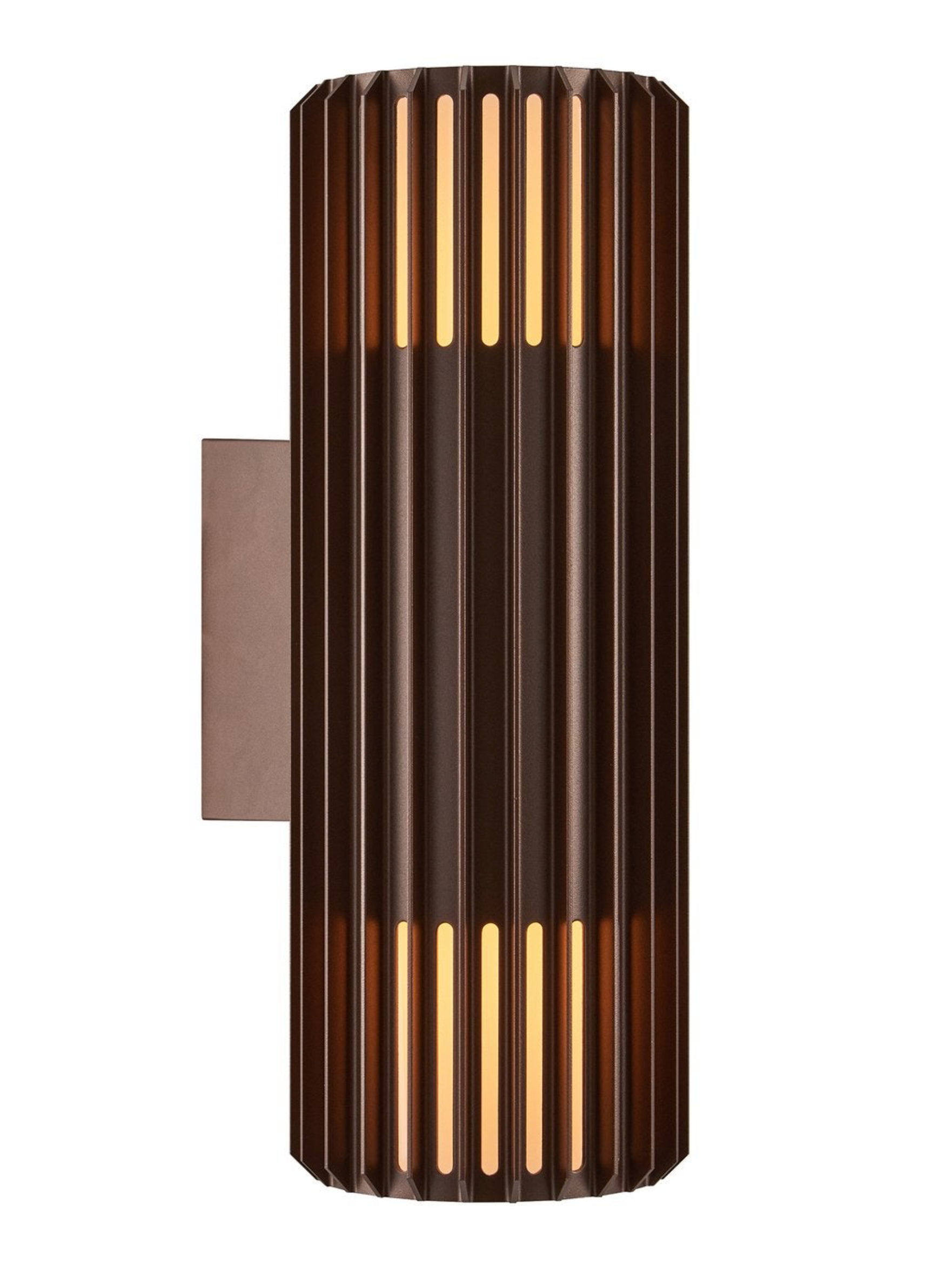 Decorative outdoor wall sconce with ribbed design on a white background