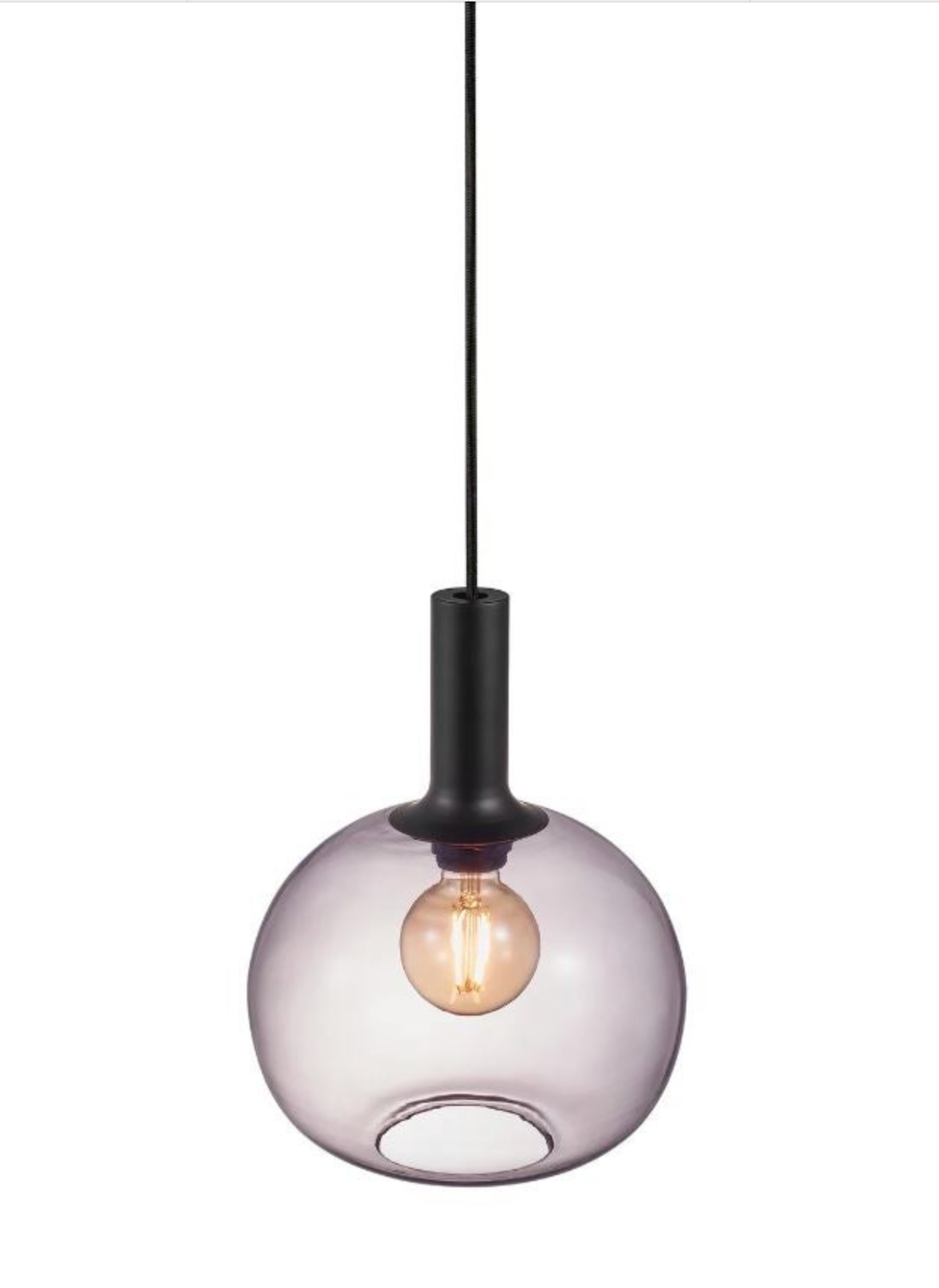 Modern pendant light with a glass shade and black fixture on a white background