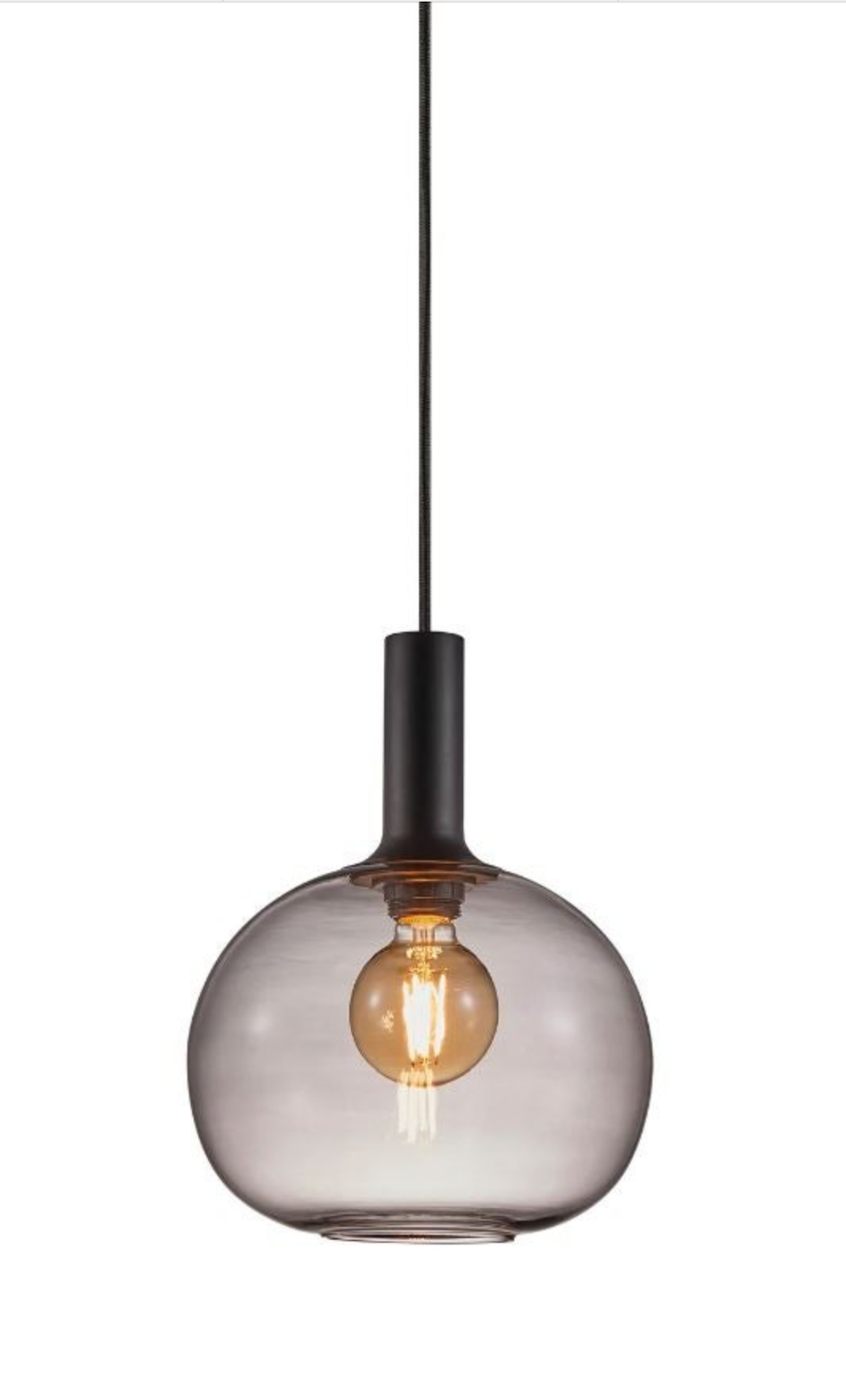 Modern pendant light with a clear glass shade on a white background
