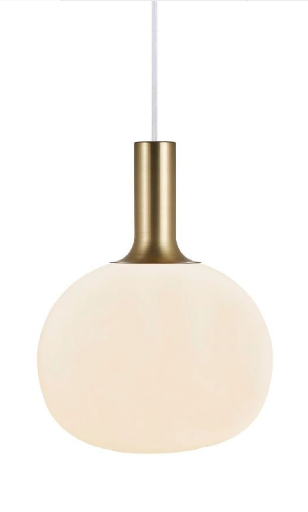 Pendant light with white glass shade and brass fixture on a white background