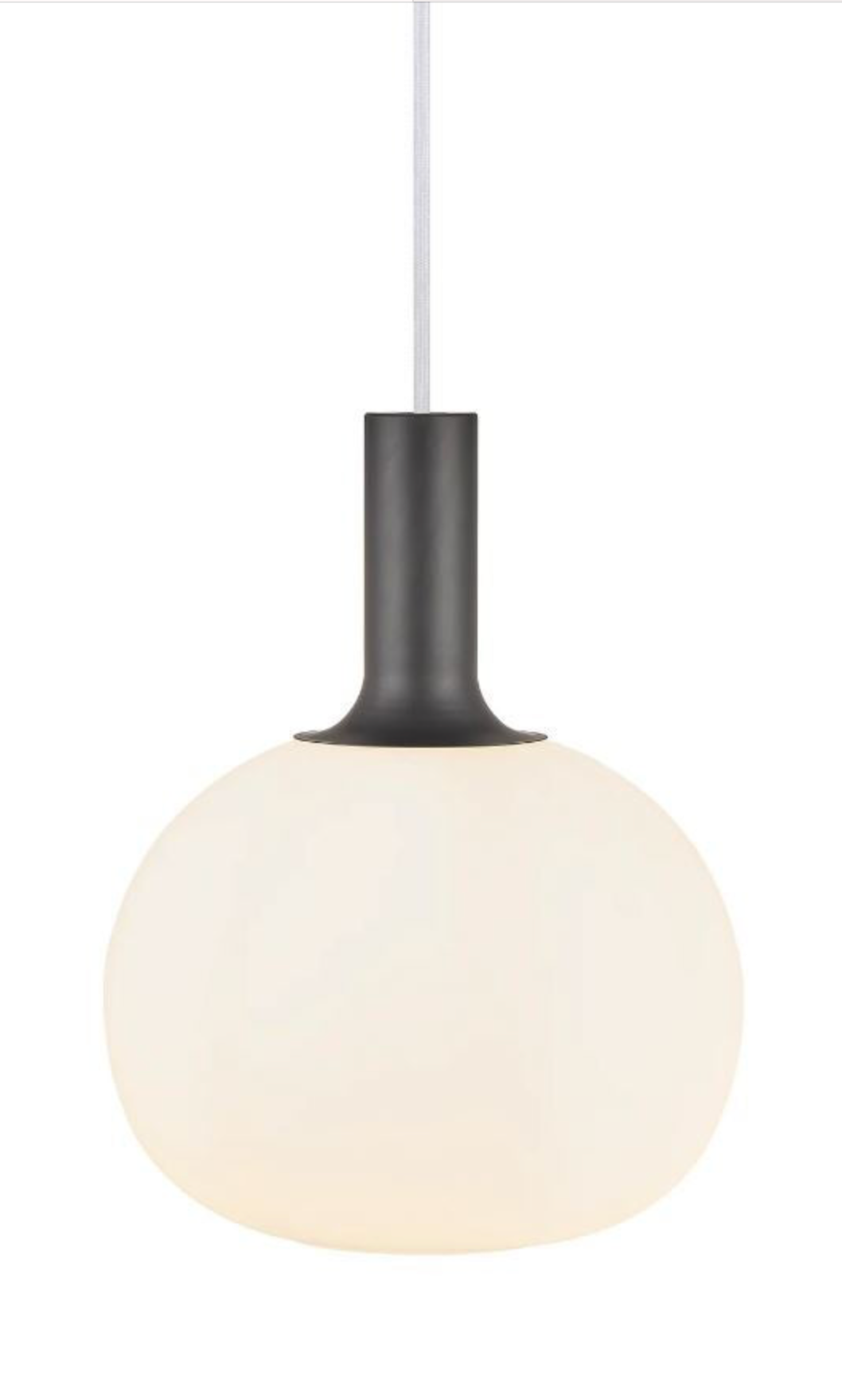 Pendant light with white glass shade and black fixture on a white background