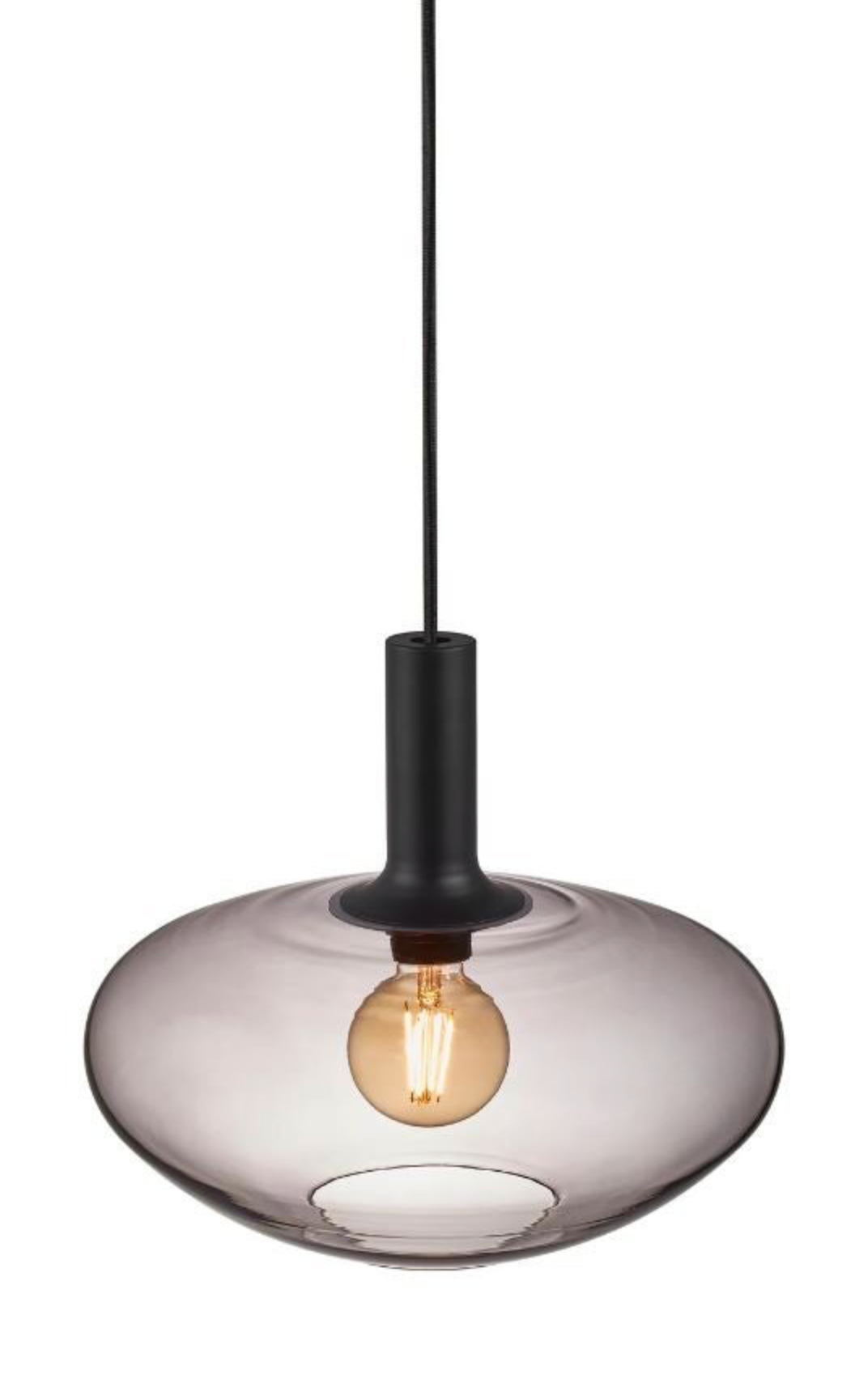Modern pendant light with smokey glass shade and black fixture on a white background