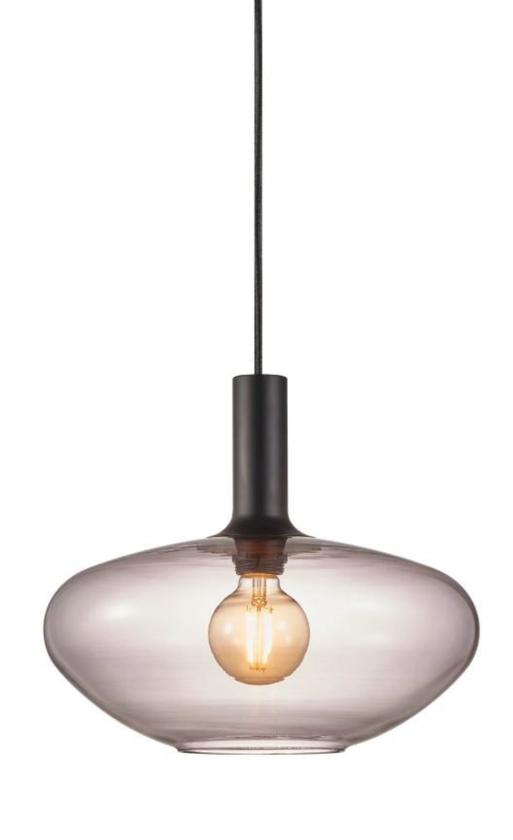 Modern pendant light with a glass shade on a white background