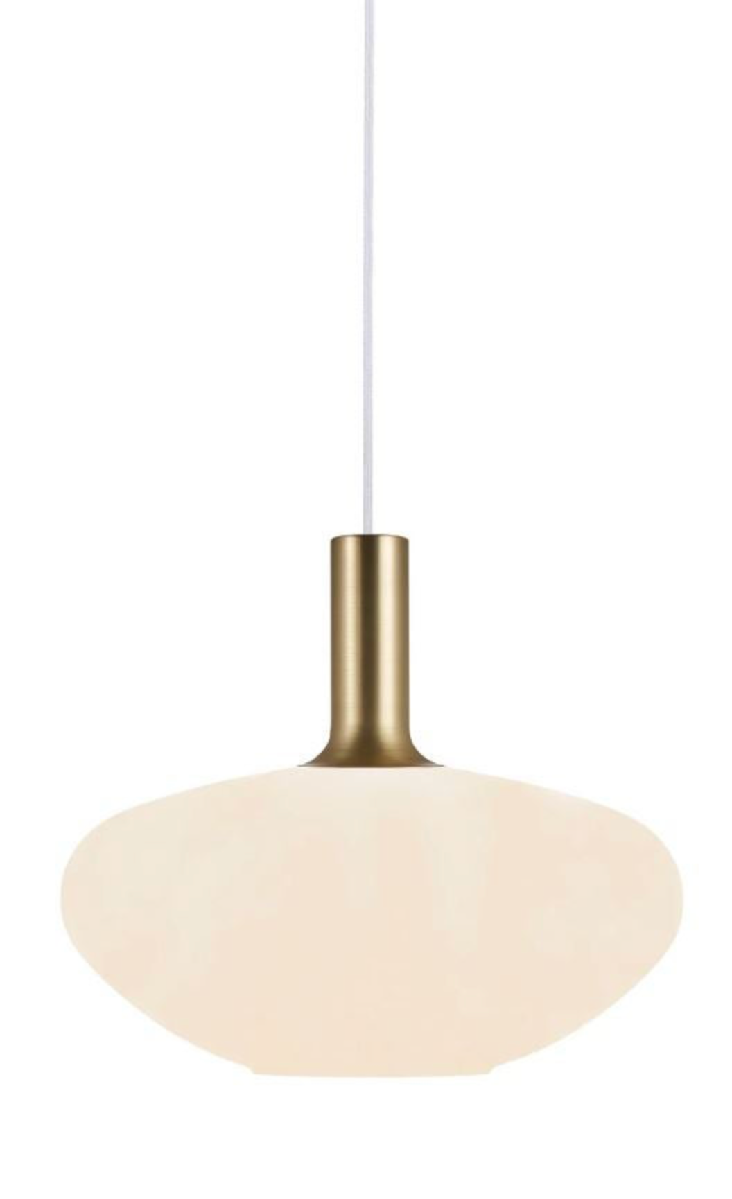 Pendant light with white glass shade and brass fixture on a white background