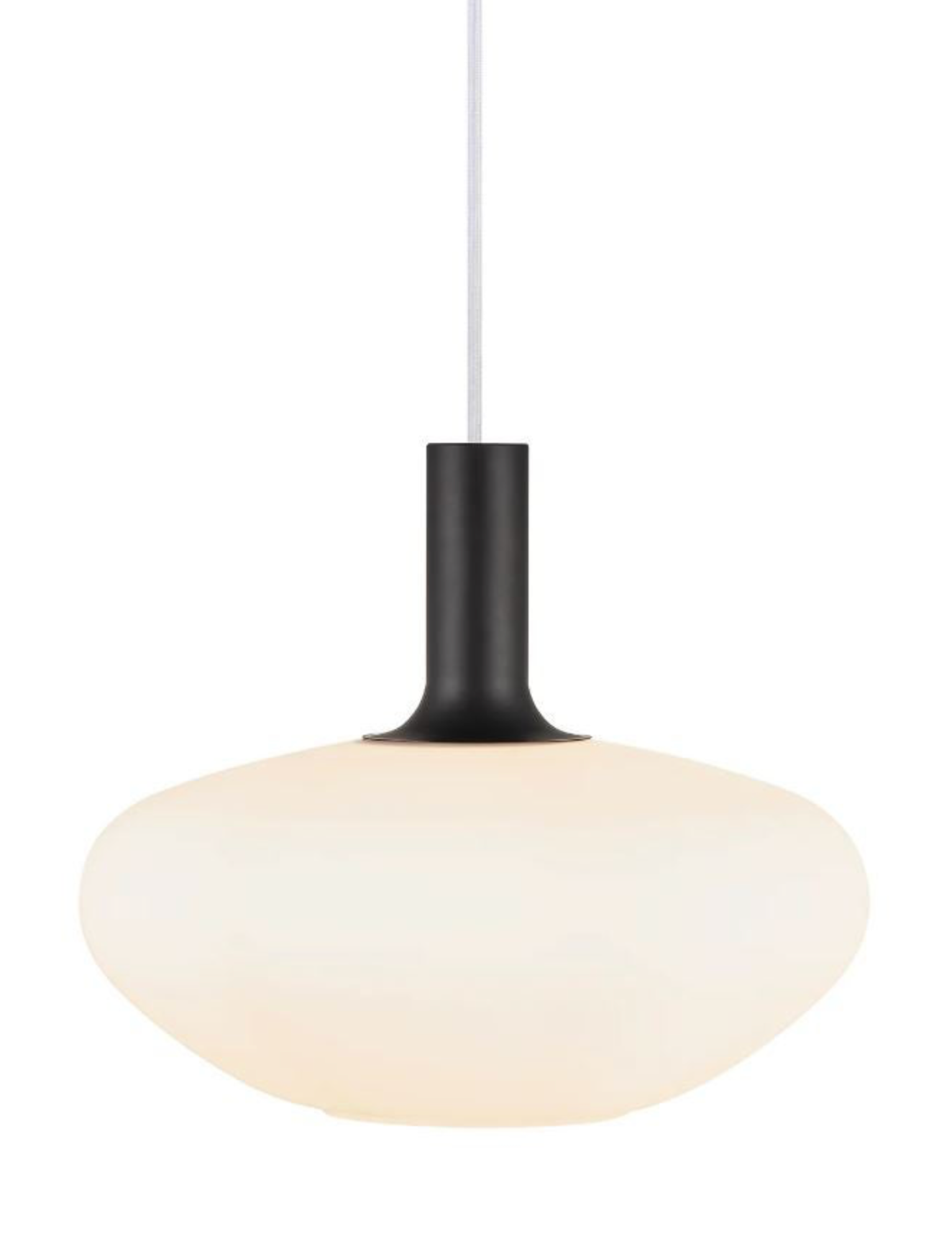 Pendant light with white glass shade and black fixture on a white background