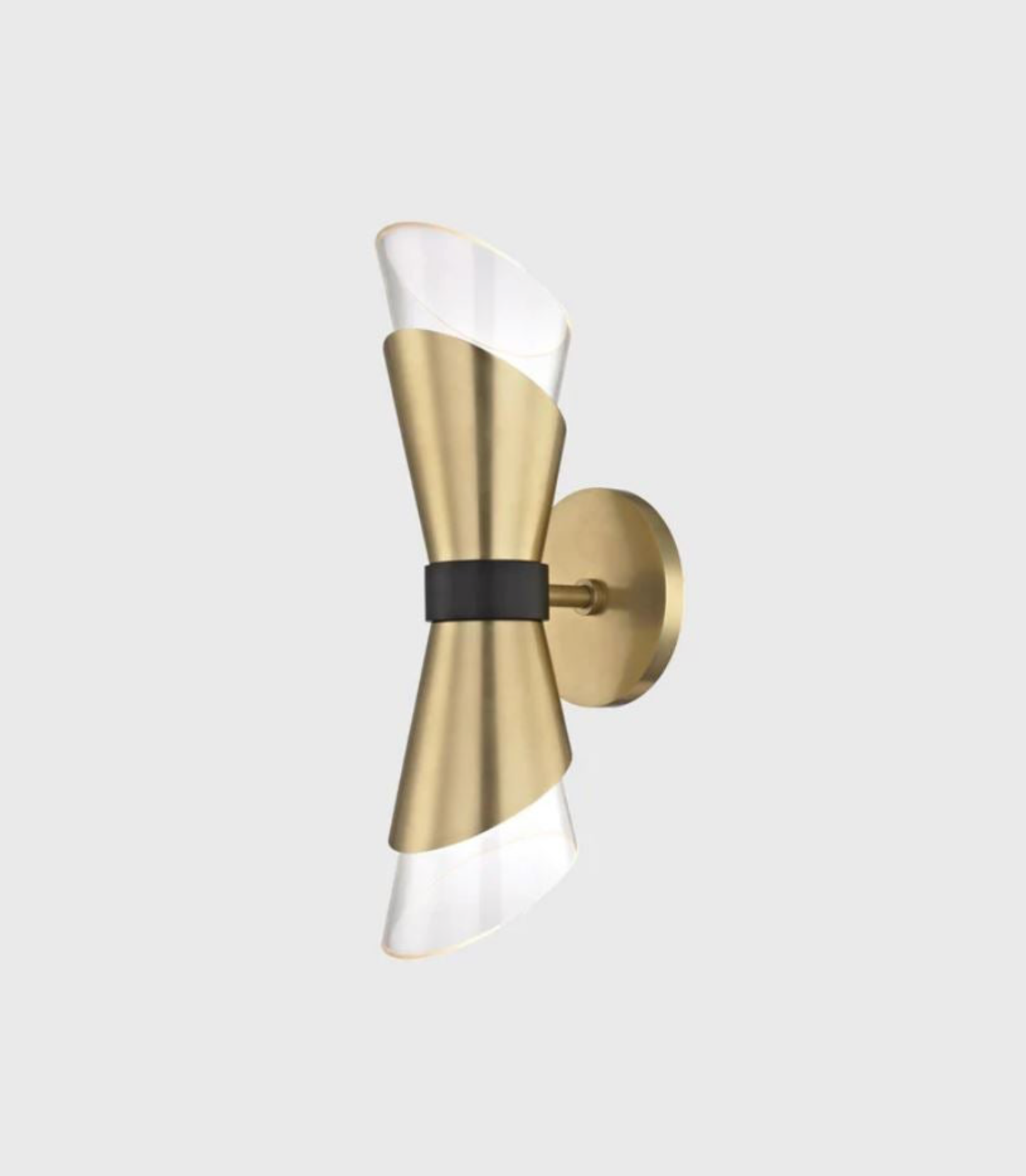 Wall-mounted light fixture with gold and white design on a white background