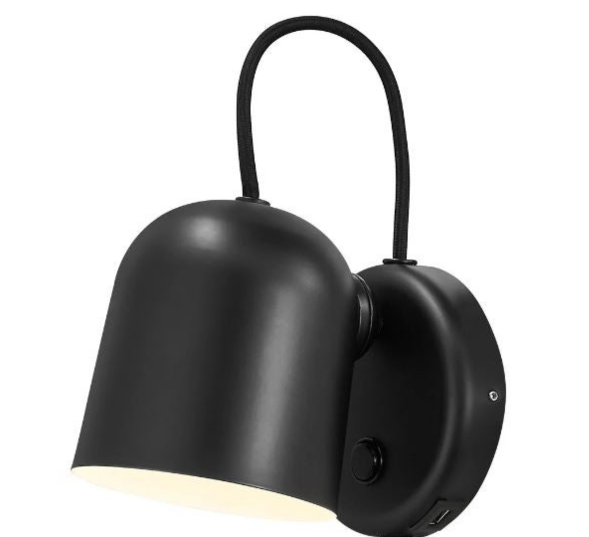 Black wall-mounted light fixture on a white background