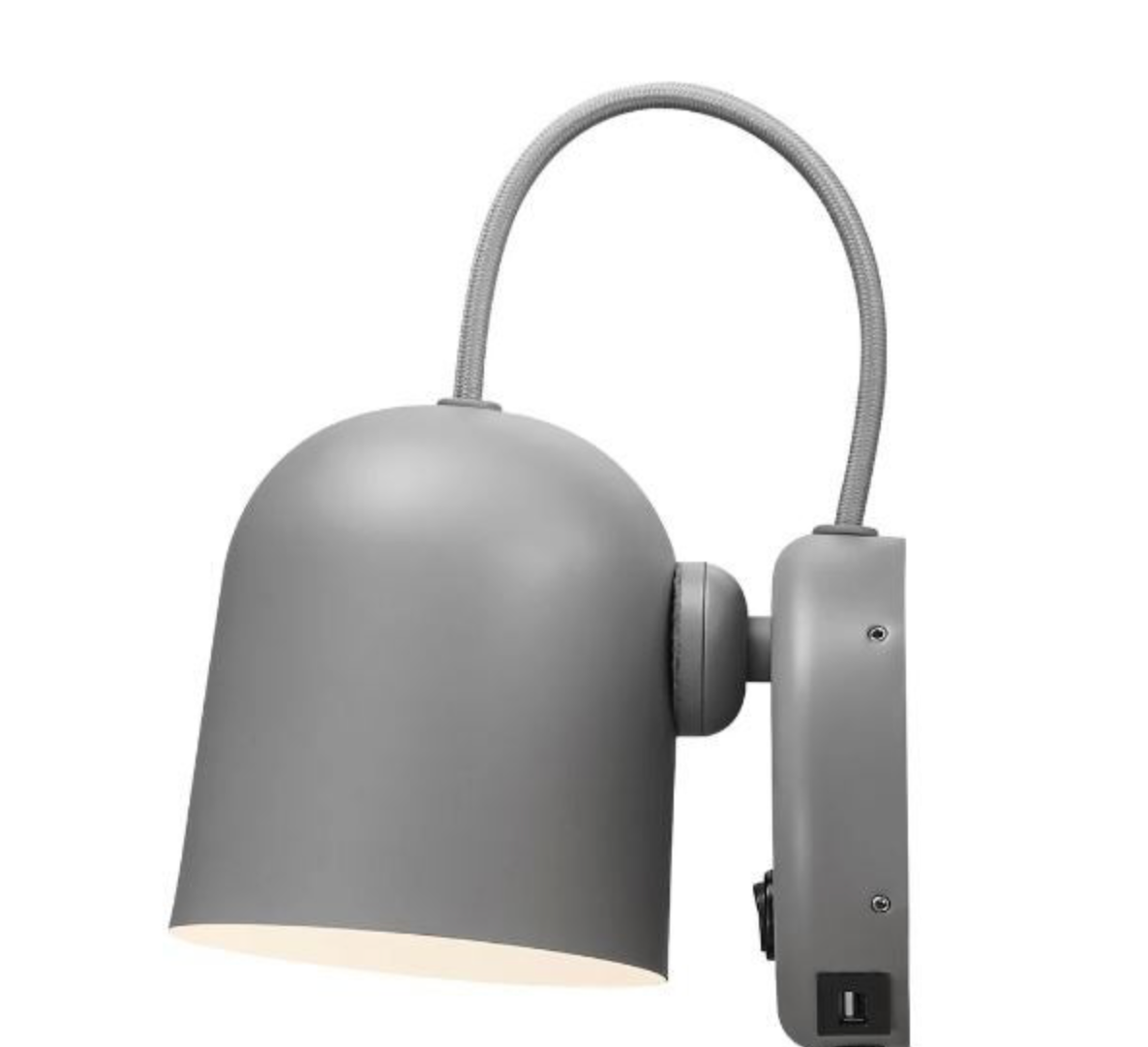 Grey wall-mounted lamp with flexible arm on a white background