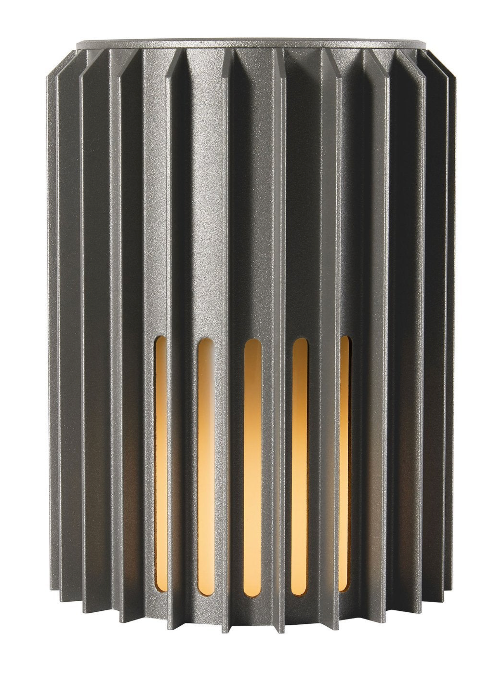 Metallic cylindrical outdoor light fixture with ribbed design on a white background