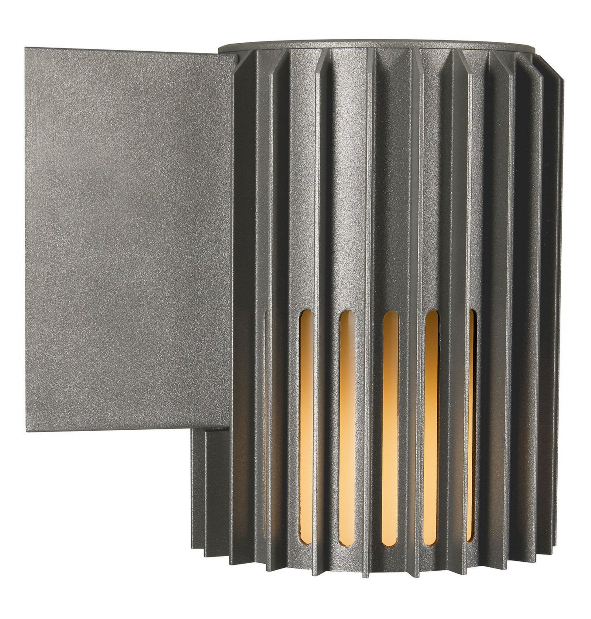 Decorative outdoor wall light fixture with ribbed design on a white background