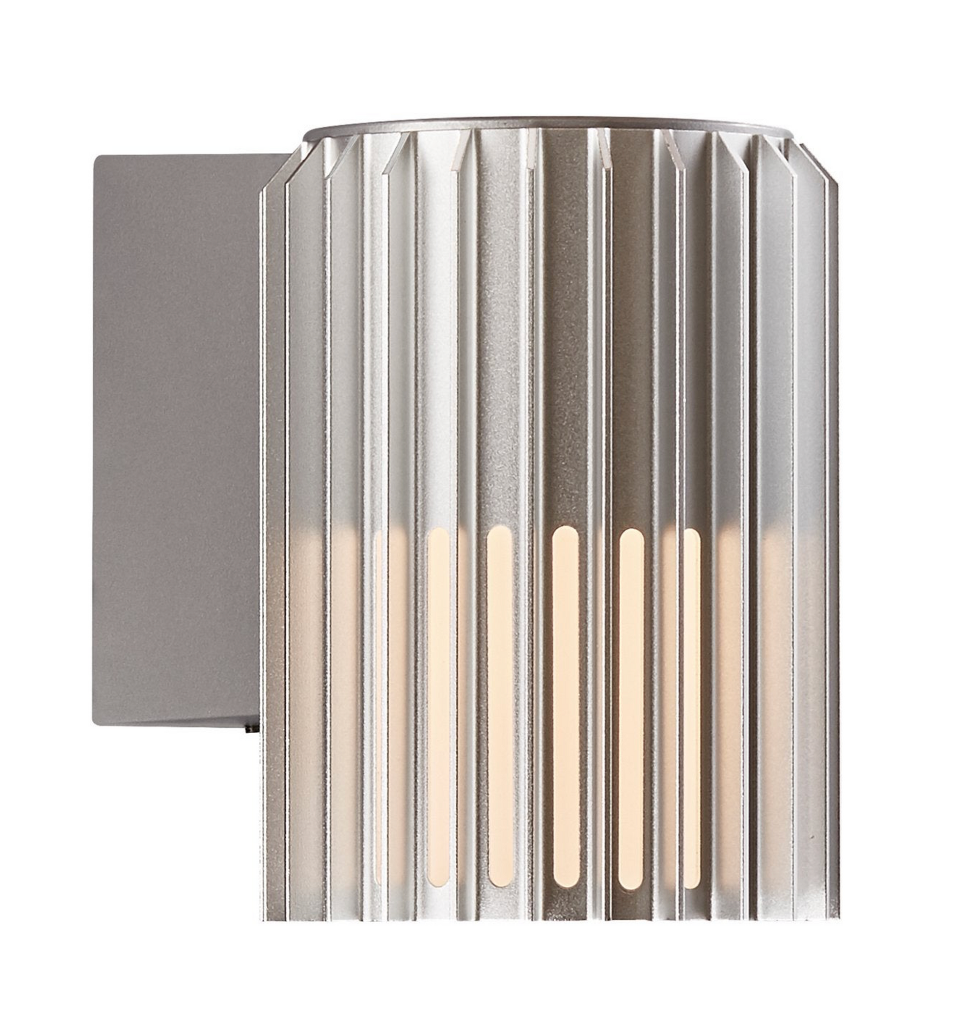 Modern outdoor wall light fixture with ribbed design on a white background