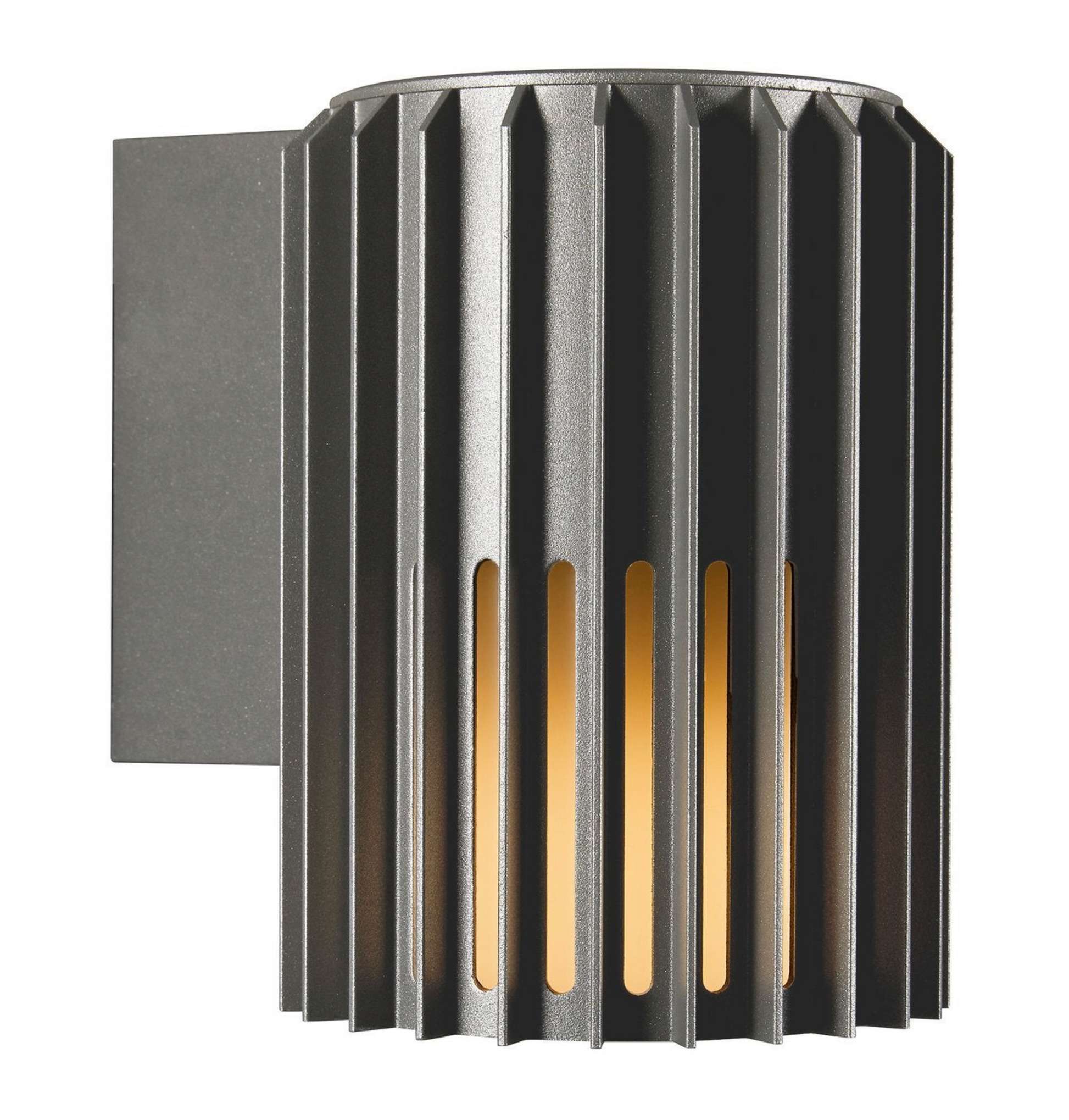 Metallic outdoor wall sconce with ribbed design on a white background