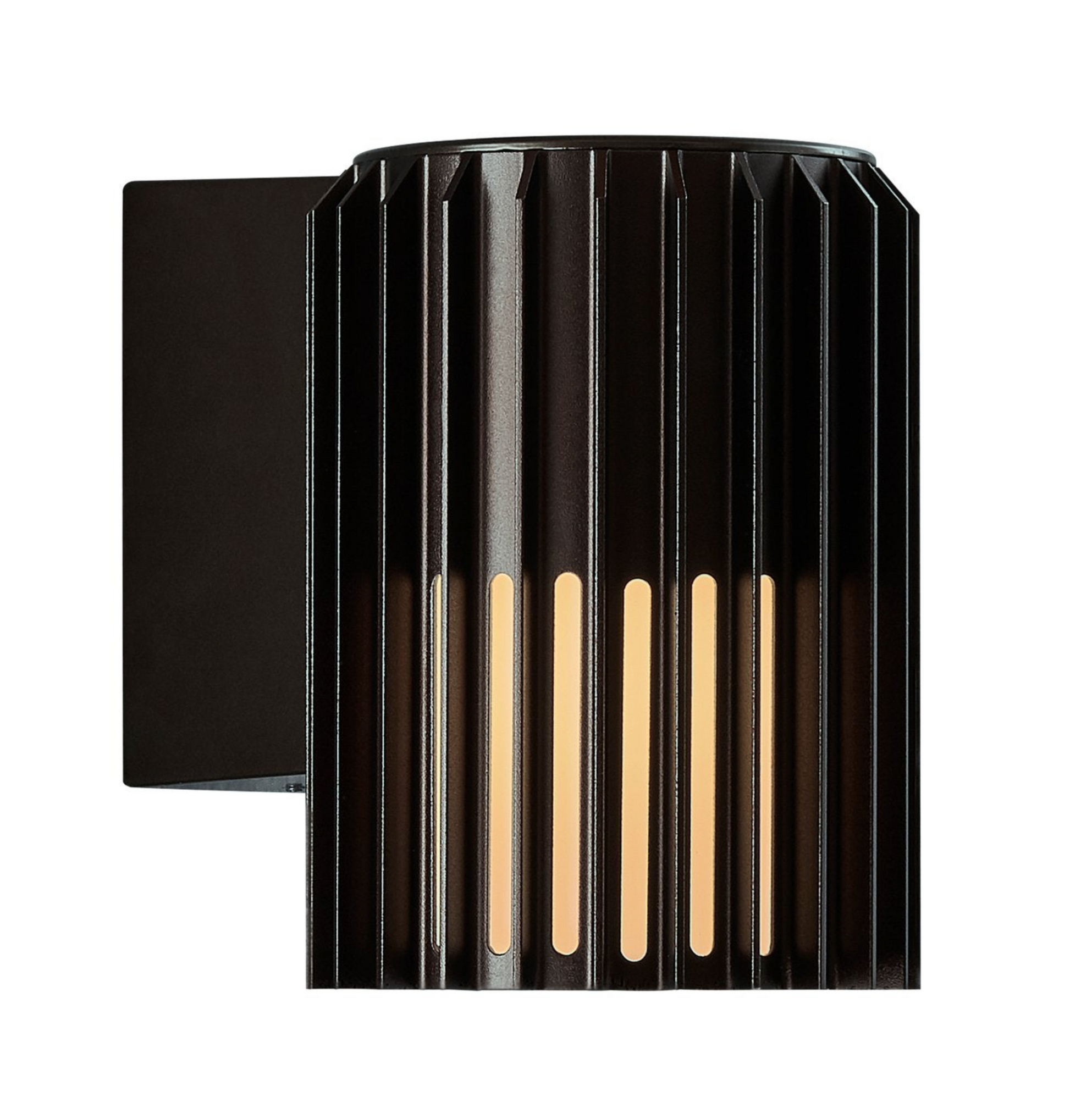 Black wall-mounted outdoor light fixture with ribbed design on a white background