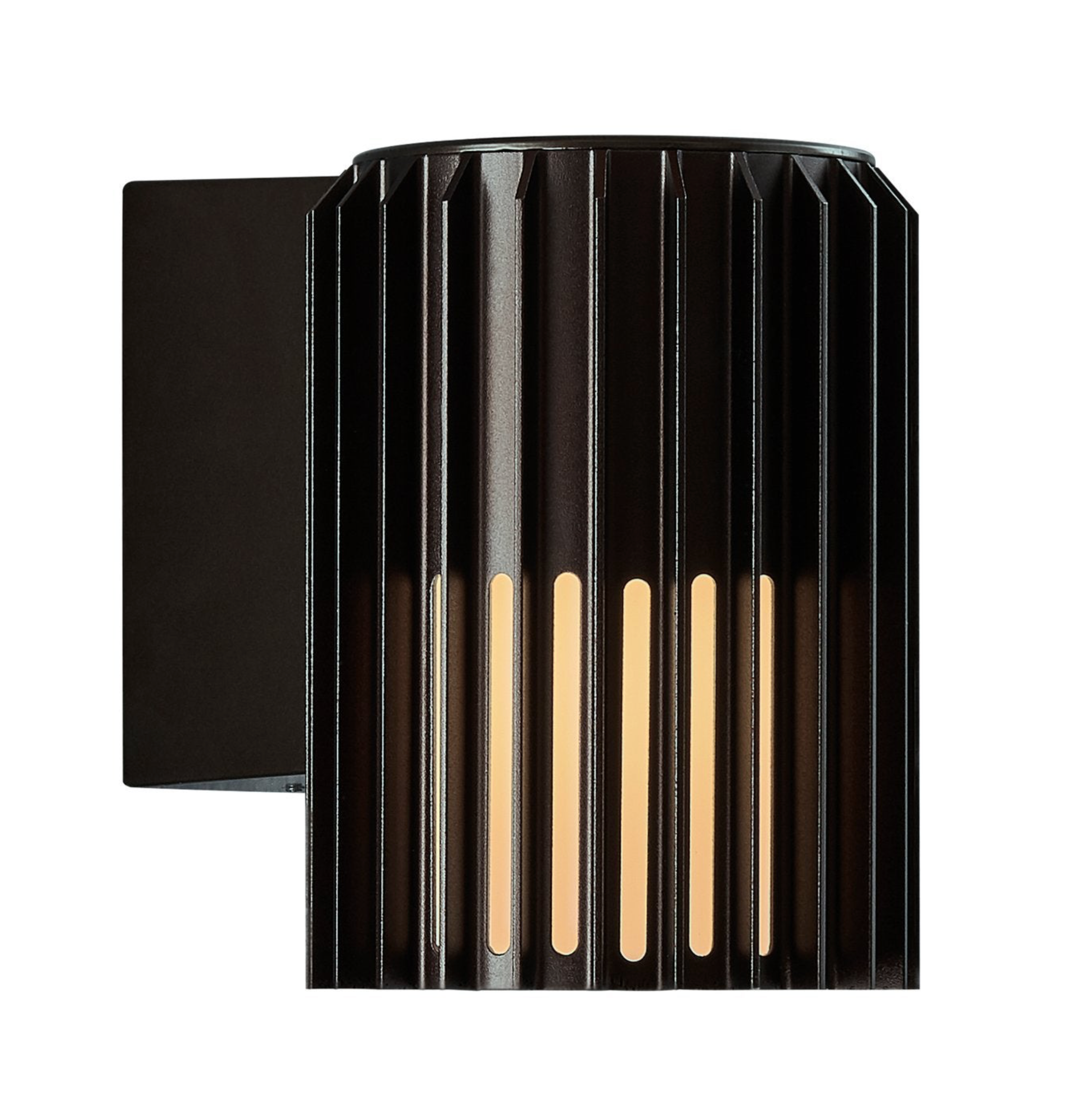 Black wall-mounted outdoor light fixture with ribbed design on a white background