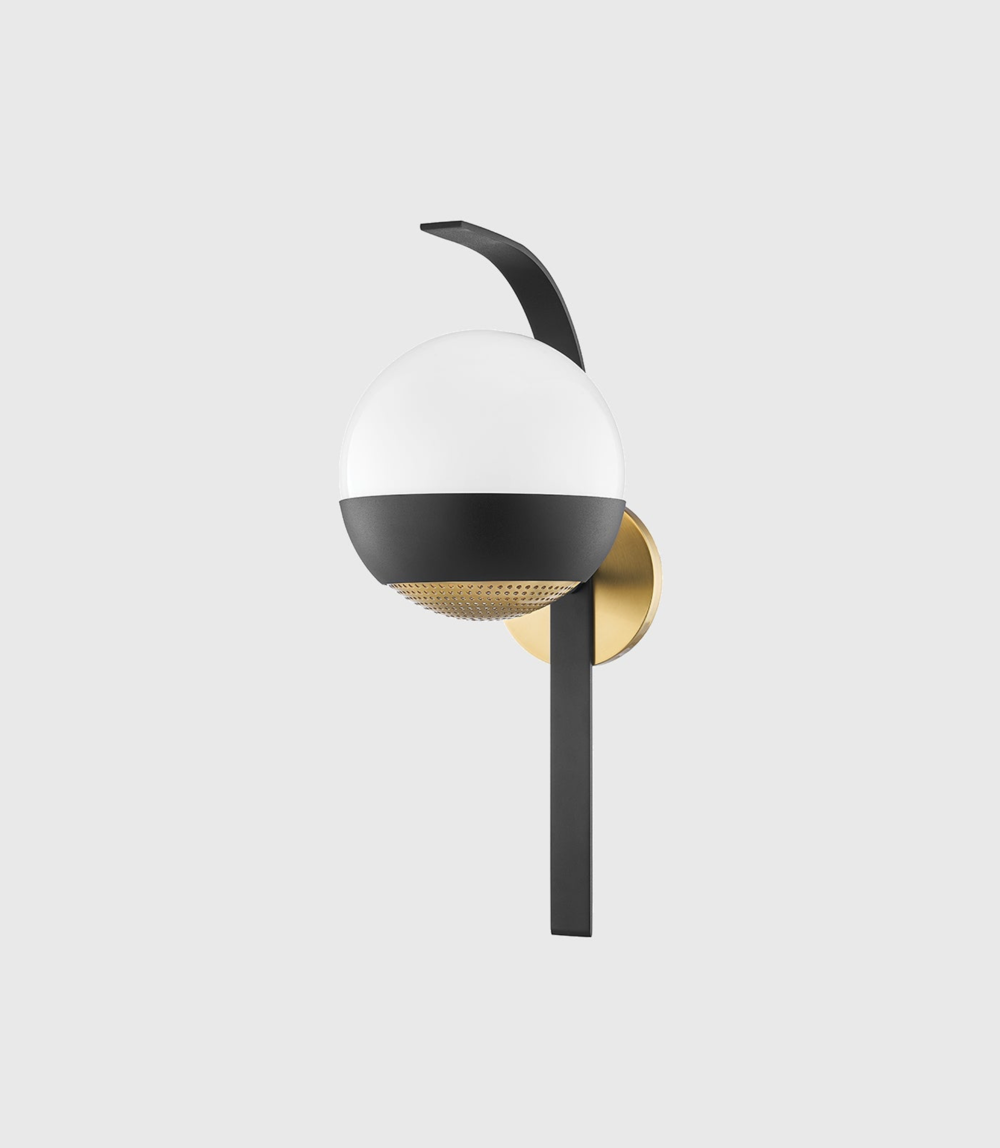 Modern wall light fixture with black and gold design on a white background