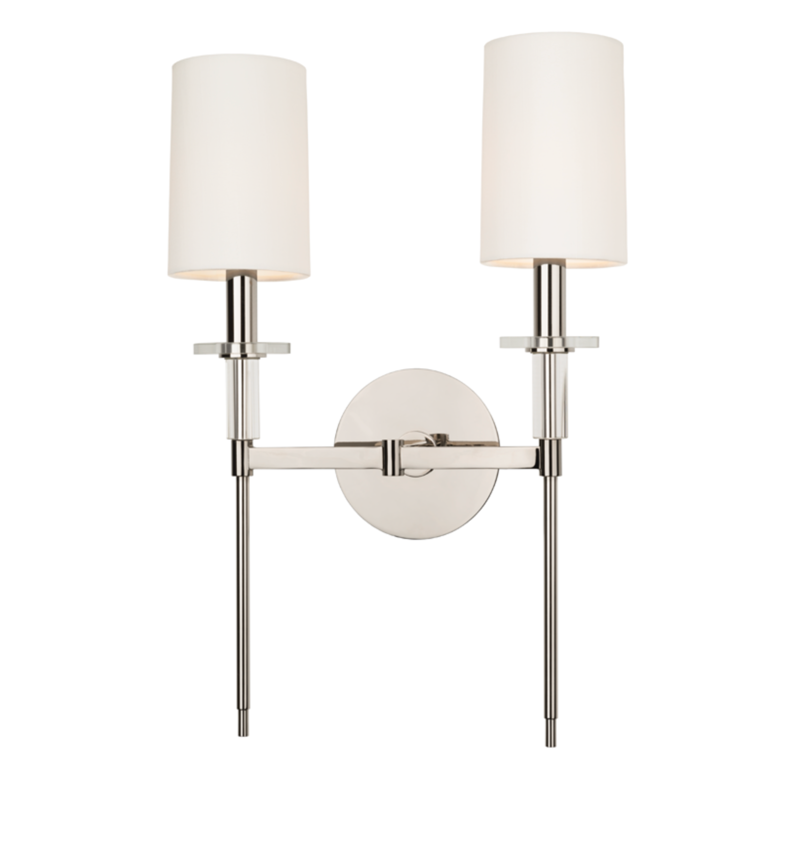 Wall-mounted light fixture with two white lampshades and metallic frame on a white background