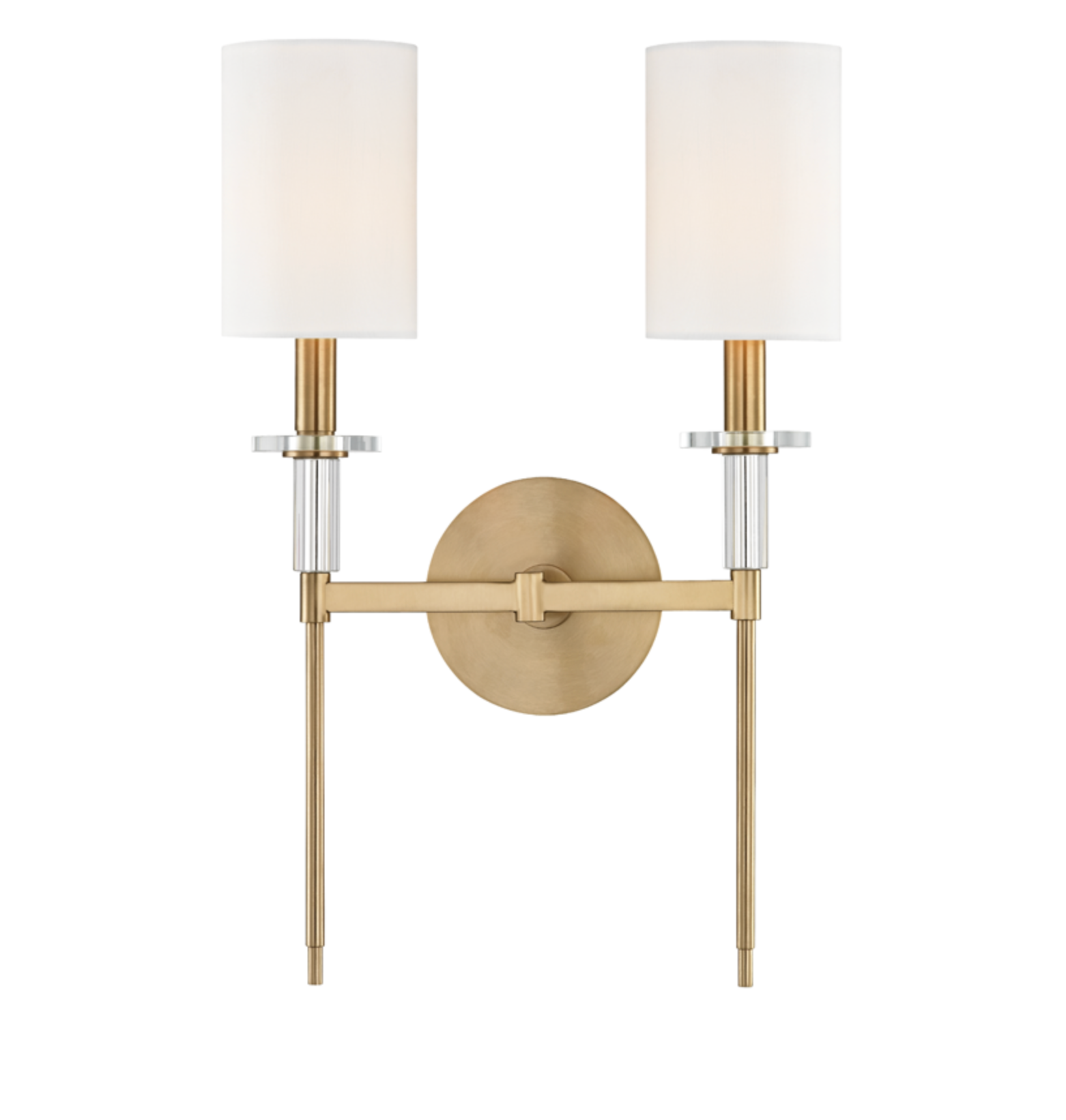 Gold wall sconce with white lampshades on a white background