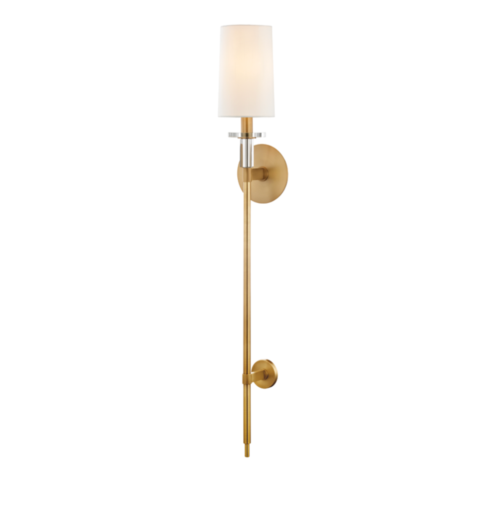 Wall-mounted lamp with gold finish and white shade on a white background