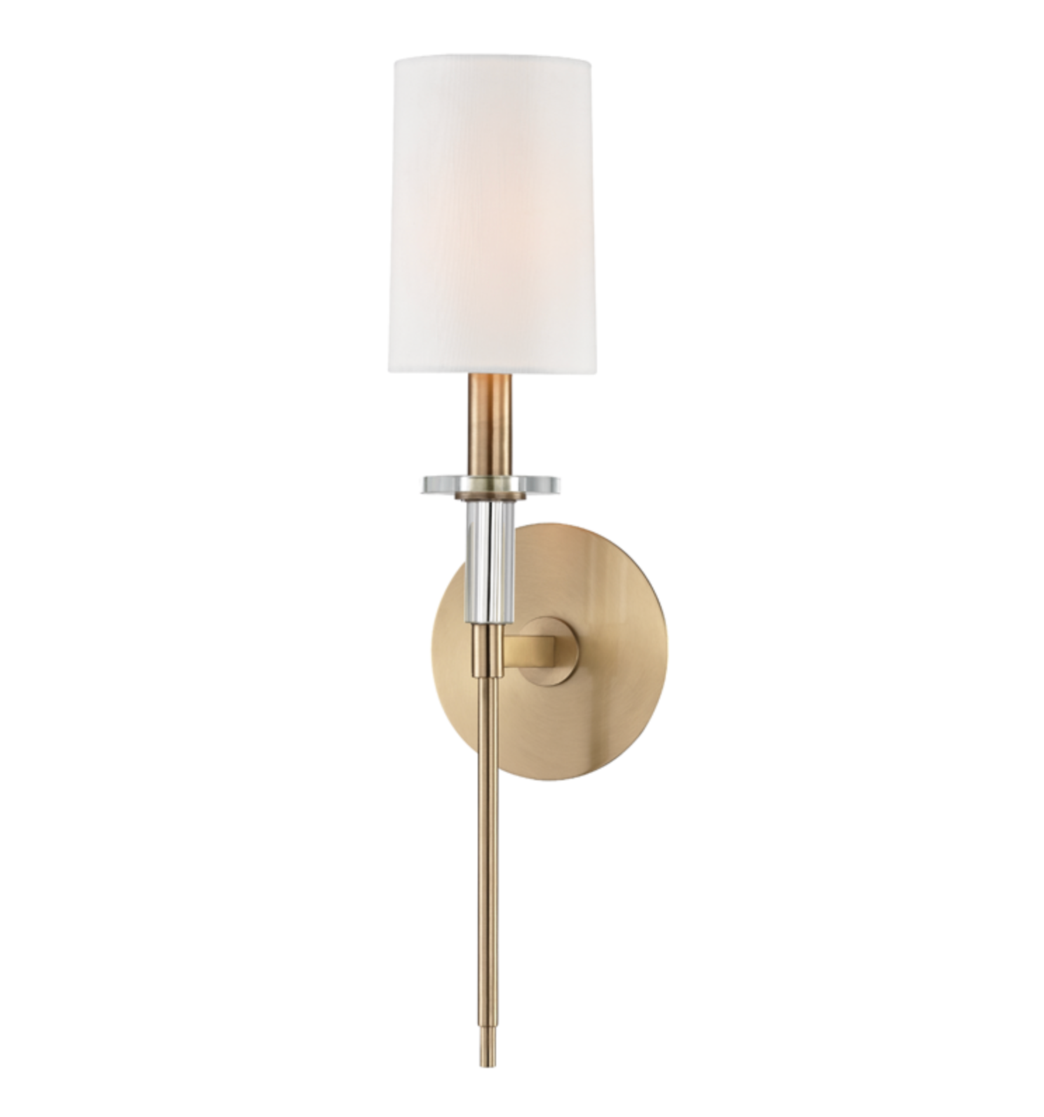 Brass wall sconce with a white shade on a white background