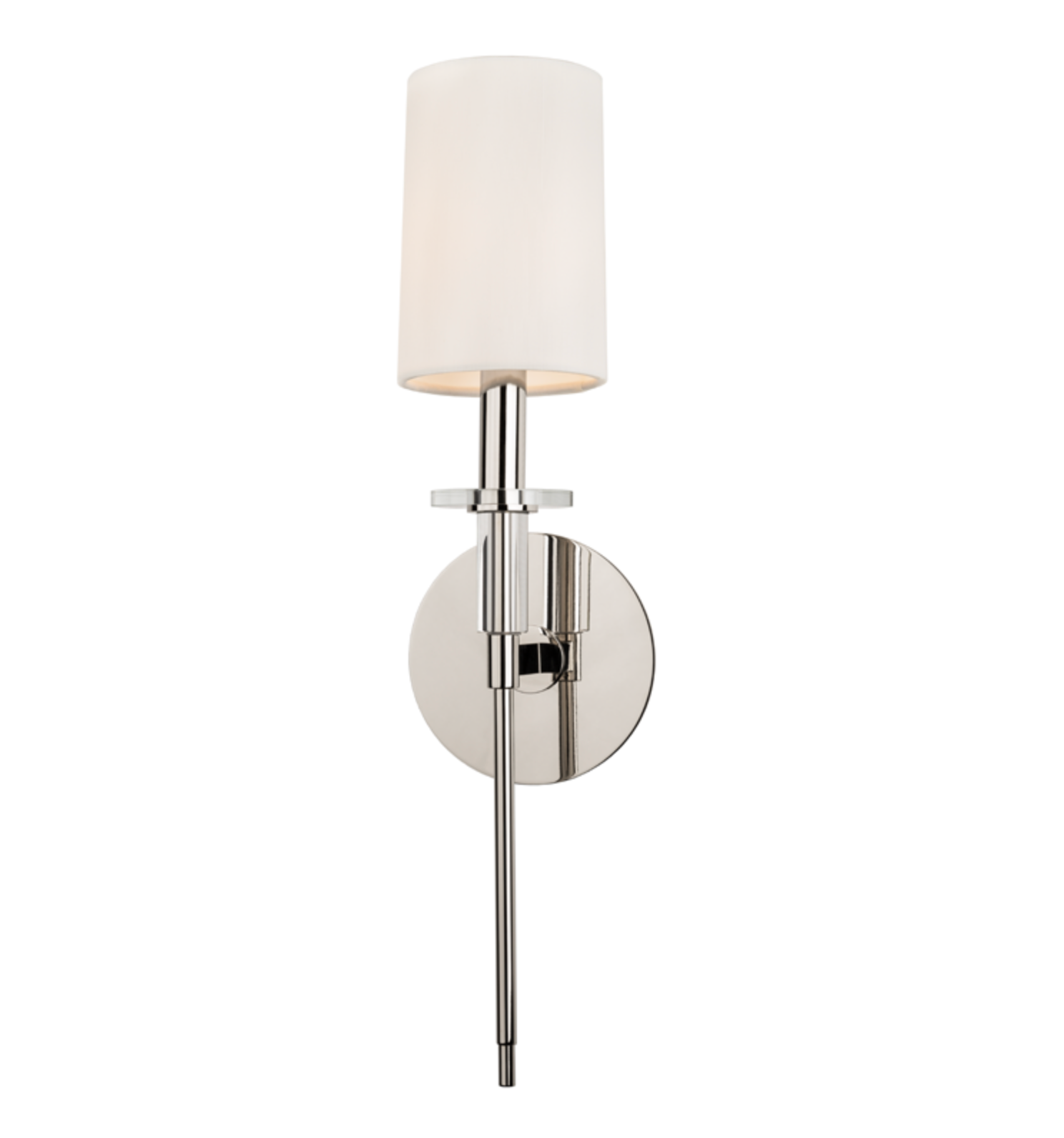 Wall-mounted light fixture with a white shade and metallic base on a white background