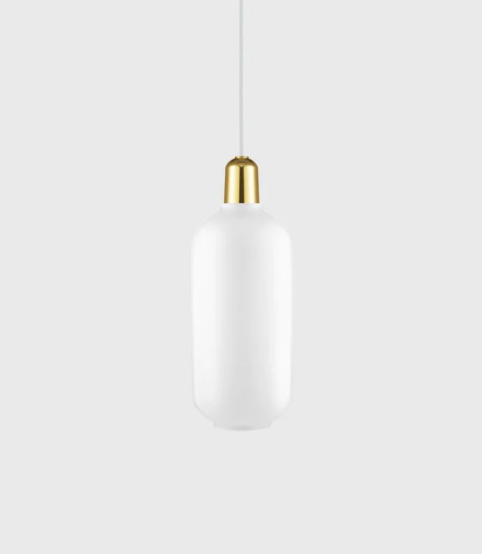 White pendant light with gold fixture on a white background