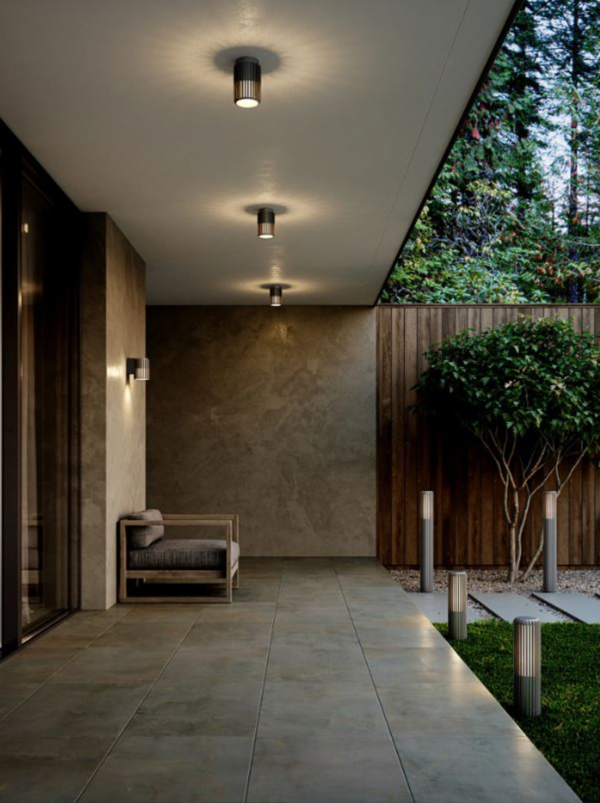 Modern outdoor patio with ceiling and wall lights, wooden bench, and greenery.